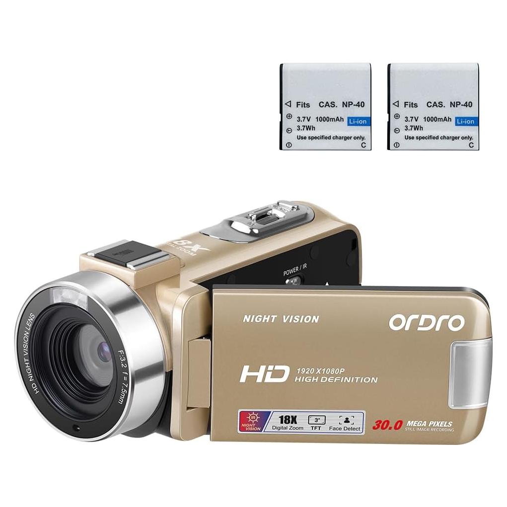 ORDRO Video Camera Camcorder Digital Camera Recorder Full HD 1080P 30FPS 30MP 3.0 Inch 270 Degree Rotation LCD 18X Digital Zoom with 16GB Card and 2 Batteries