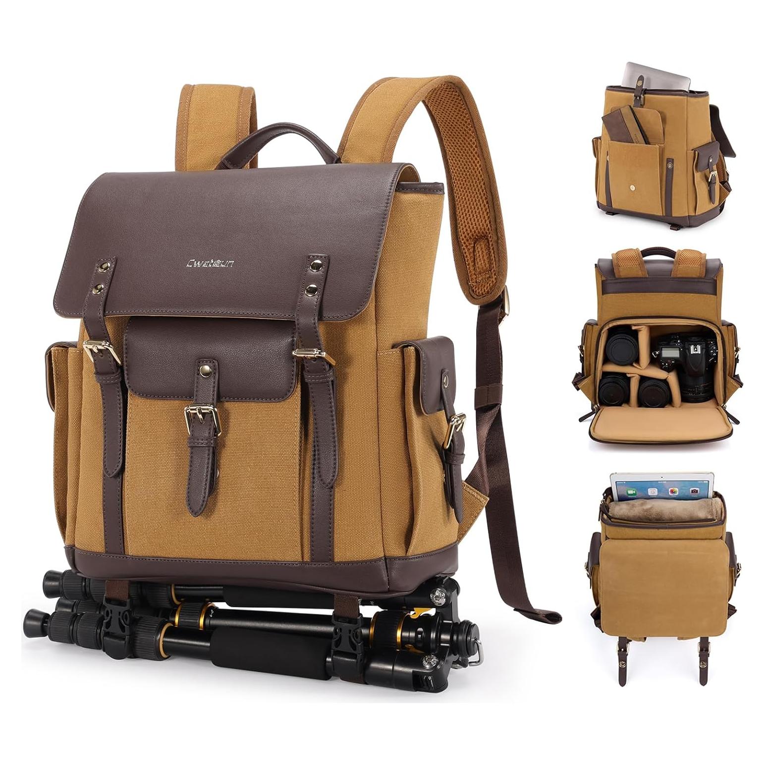 Mochila para cámara Cwatcun Caqui con compartimento para laptop 13"