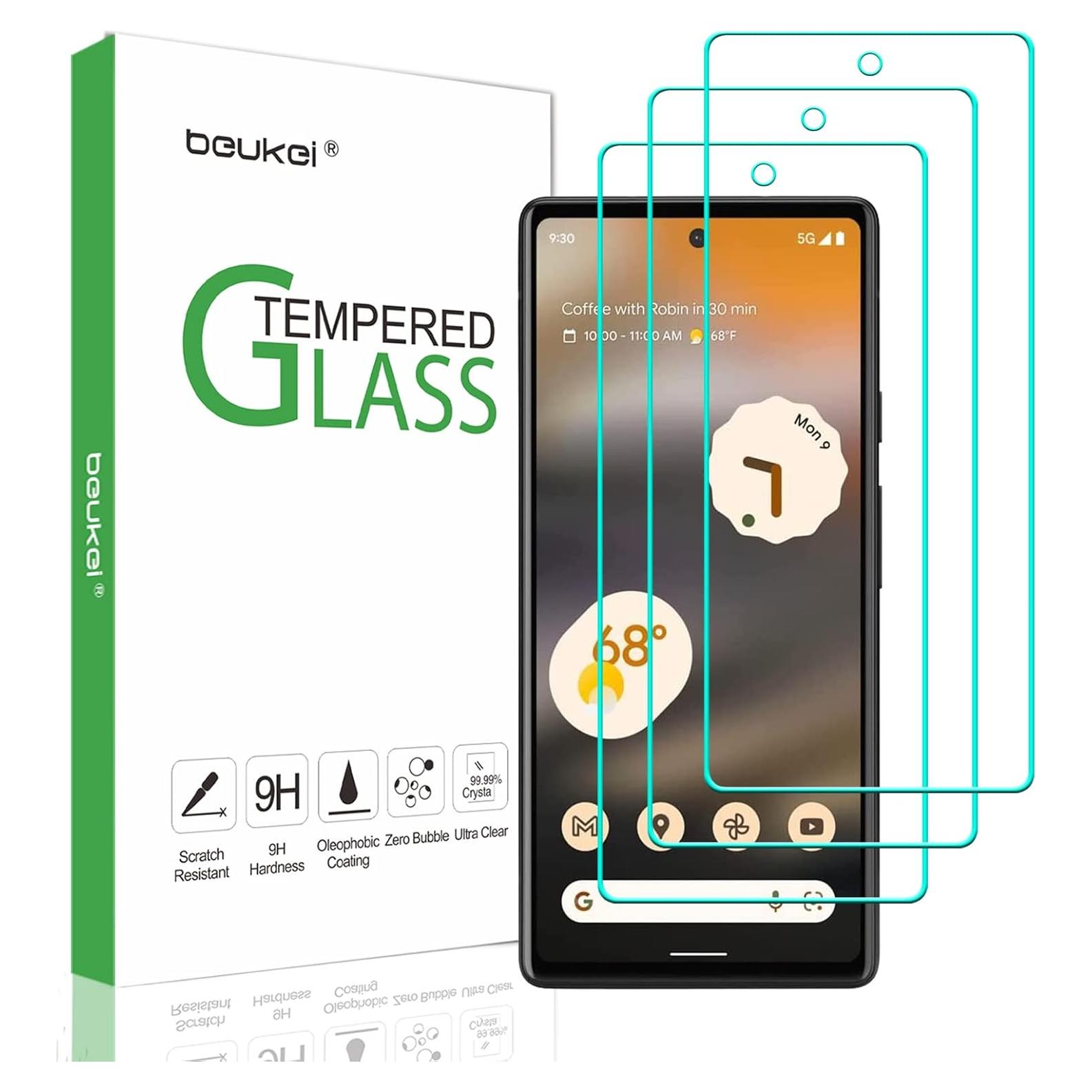 Protector de Pantalla Vidrio Templado Beukei para Google Pixel 6a 5G - 3 Piezas, Dureza 9H