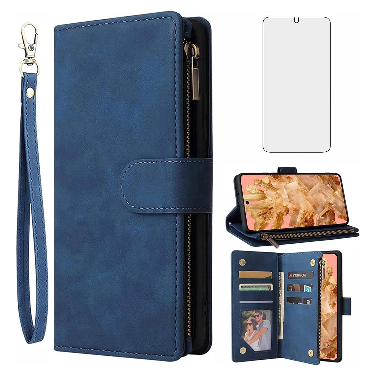 Funda de Cartera Asuwish para Google Pixel 8 Pro Azul con Protector