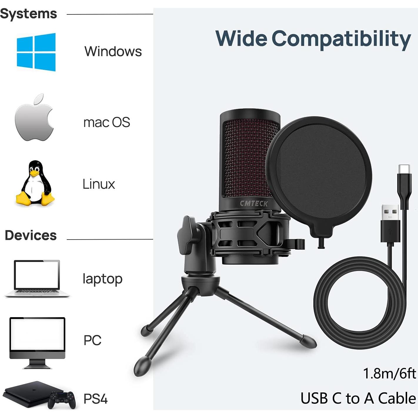 Micrófono USB CMTECK XM550 con Filtro Anti-Pop y Silencio