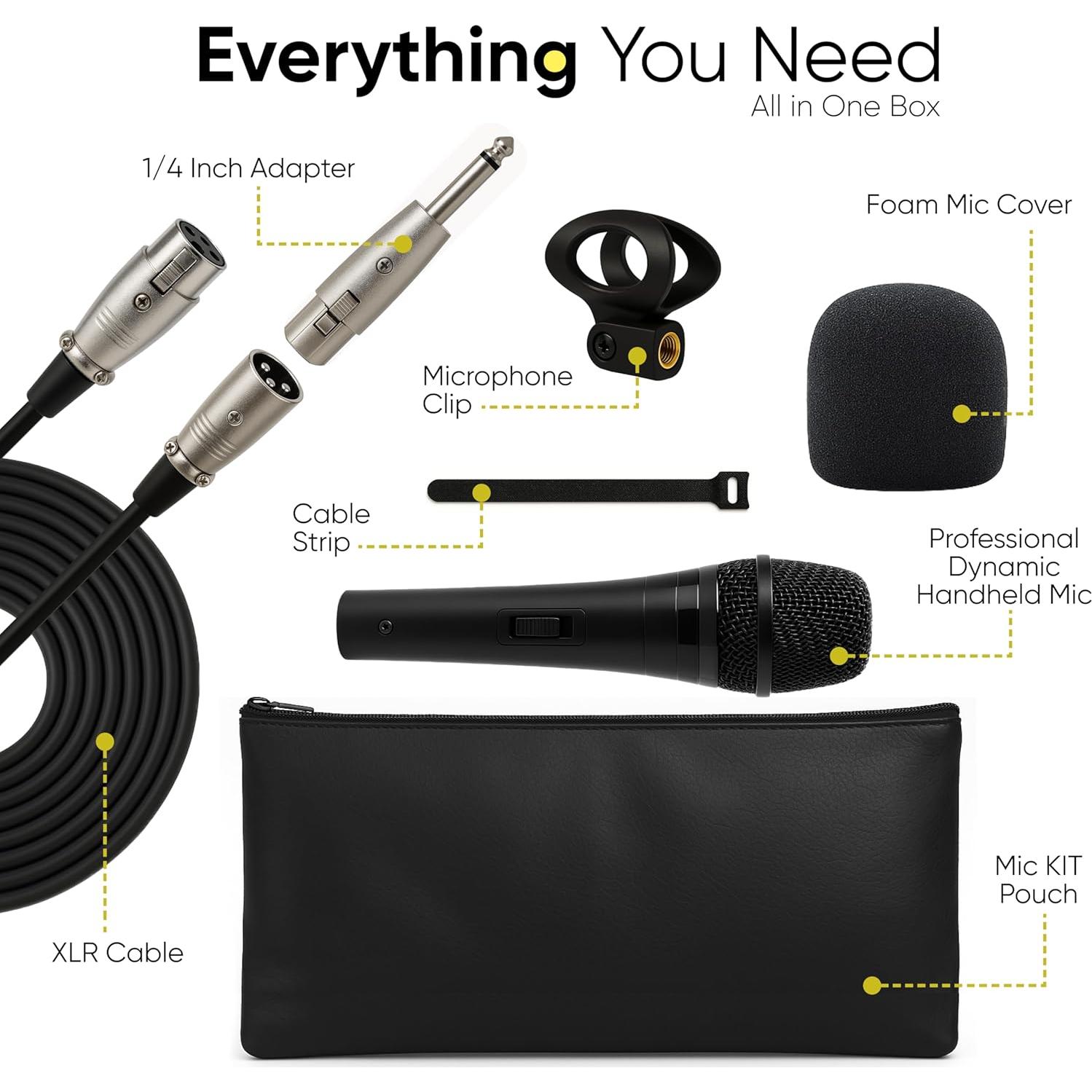 Dynamic Mic XLR – Wired Karaoke Microphone with 15ft Cable, Handheld Vocal Microphone for Singing, Dj, Podcasting, and PA Systems, Complete 7 Piece Microfono Kit