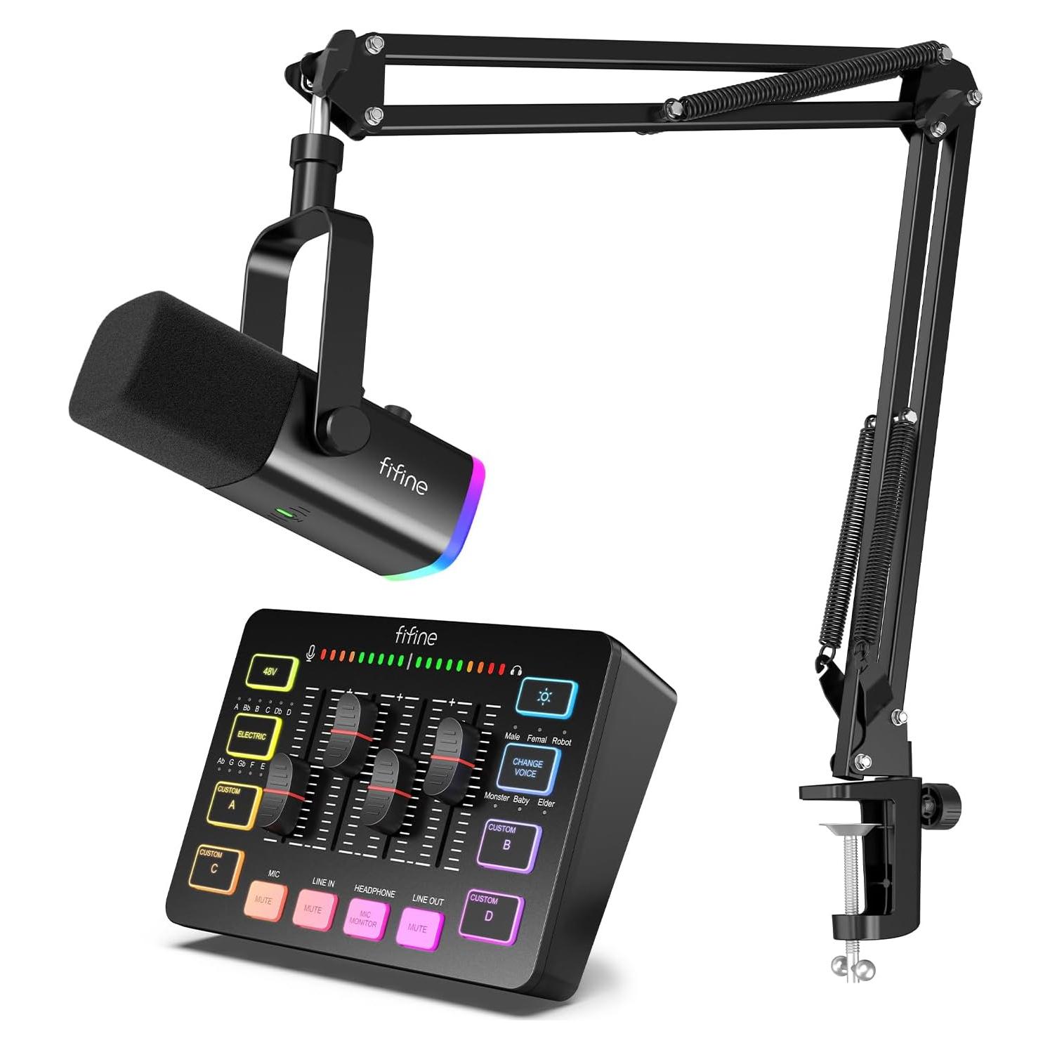 Micrófono Gaming FIFINE AM8T + Mezclador SC3 USB/XLR RGB