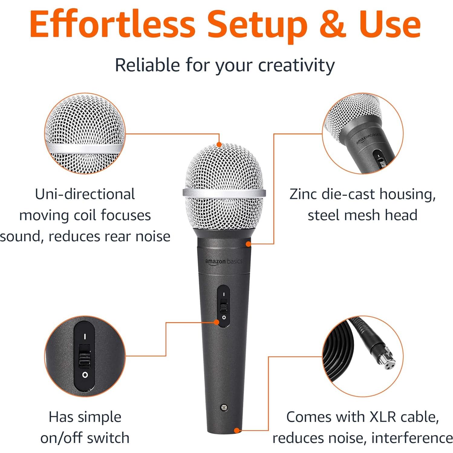 Micrófono Dinámico Amazon Basics - Vocal Profesional con Cable