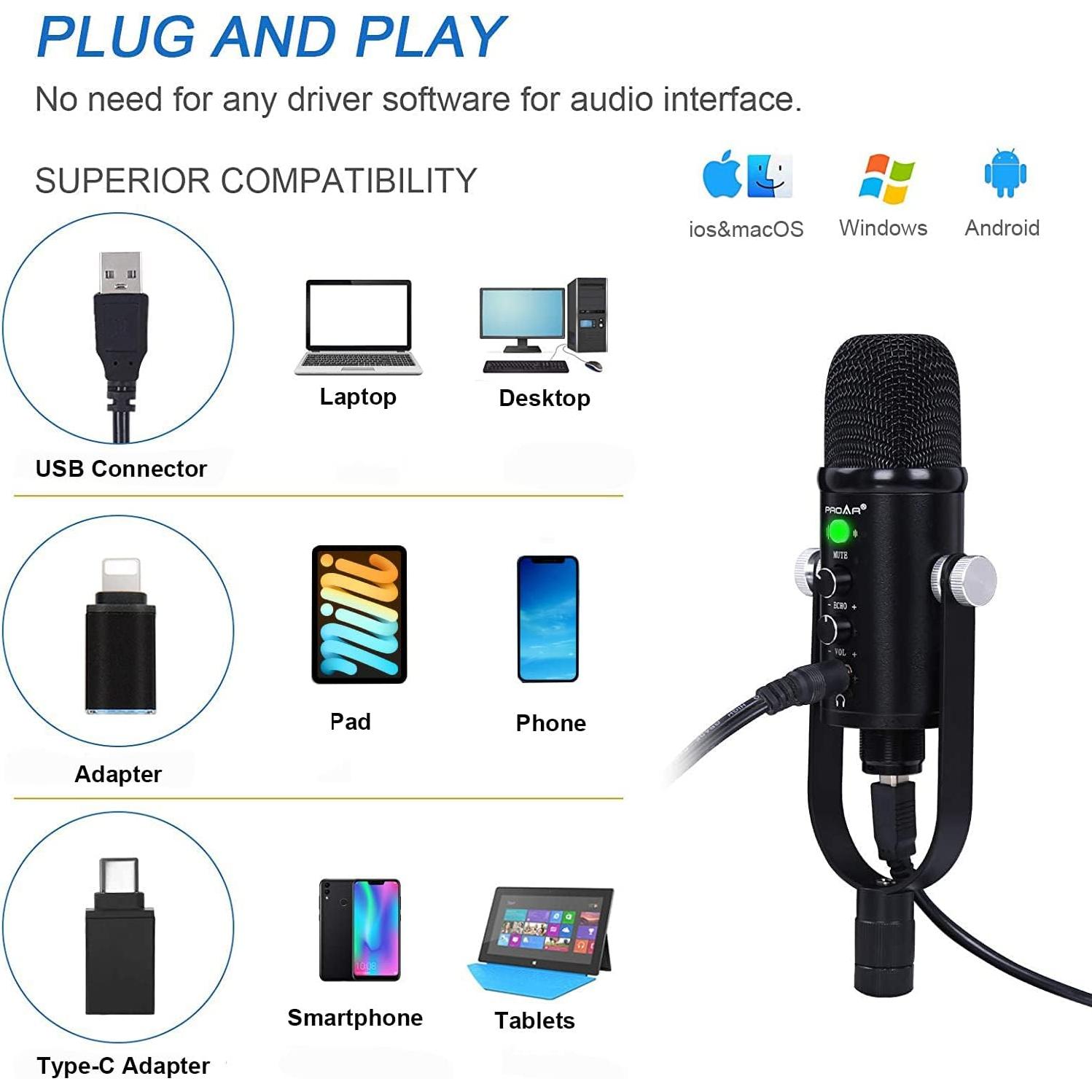 Micrófono de Condensador USB PROAR S-86 para PC y Podcast