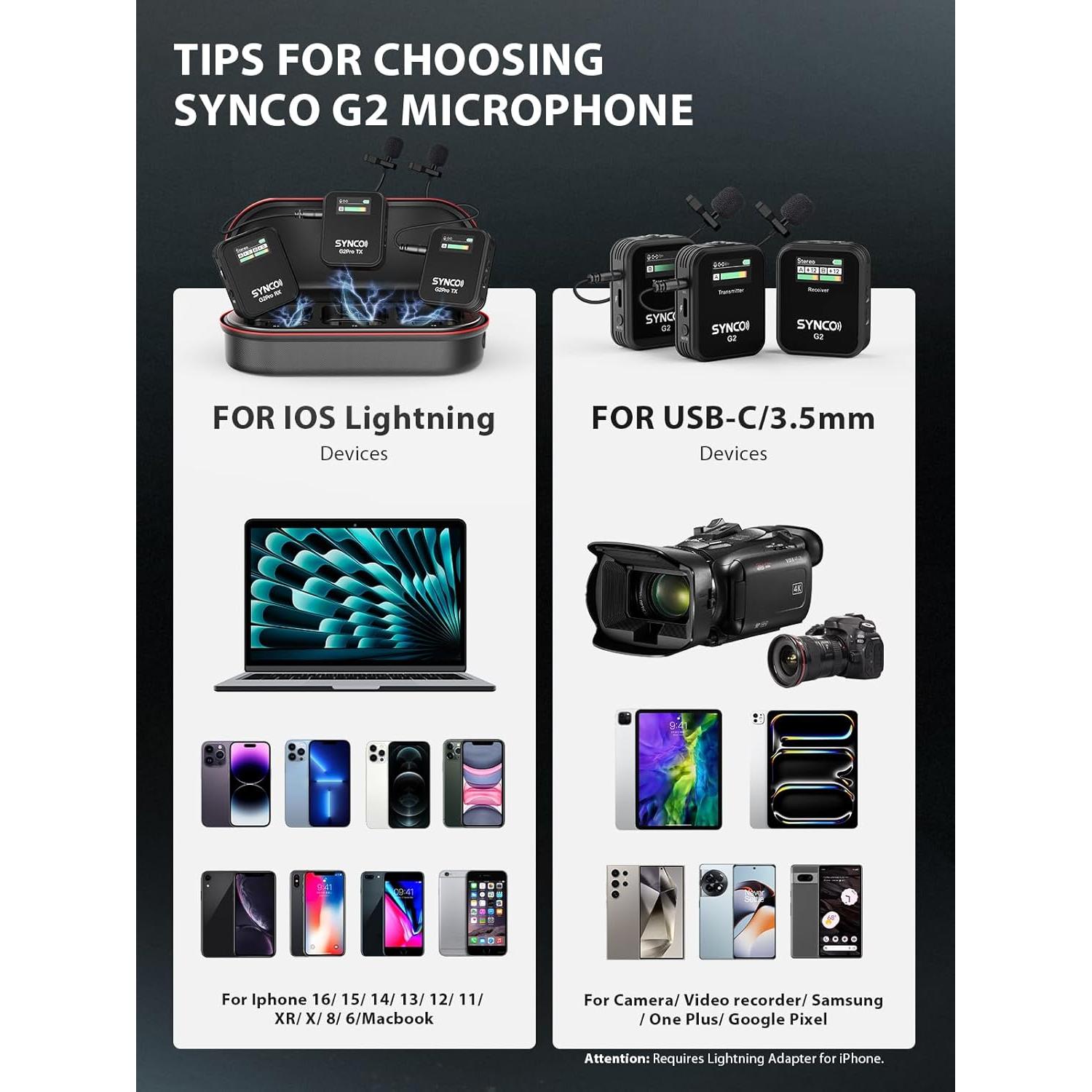 Micrófono Lavalier Inalámbrico SYNCO G2 Pro, Doble Canal 200m