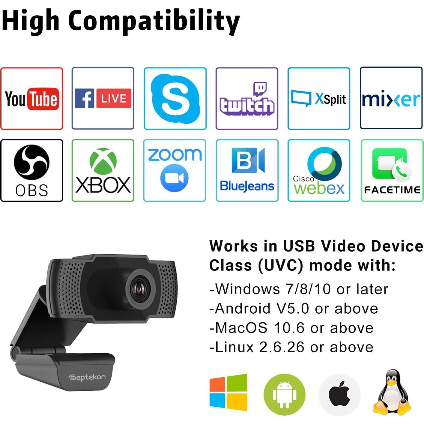 Cámara Web HD 1080P Septekon con Micrófono Estéreo Integrado