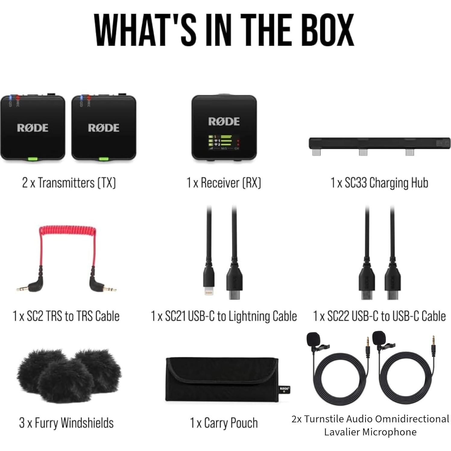 RØDE Wireless GO (Gen 3) Compact Wireless Mic - Pristine Audio, 32-bit Float Recording, Automatic Level Control, for Phones, Cameras and Computers Bundle with 2X Turnstile Audio Lavalier Microphone