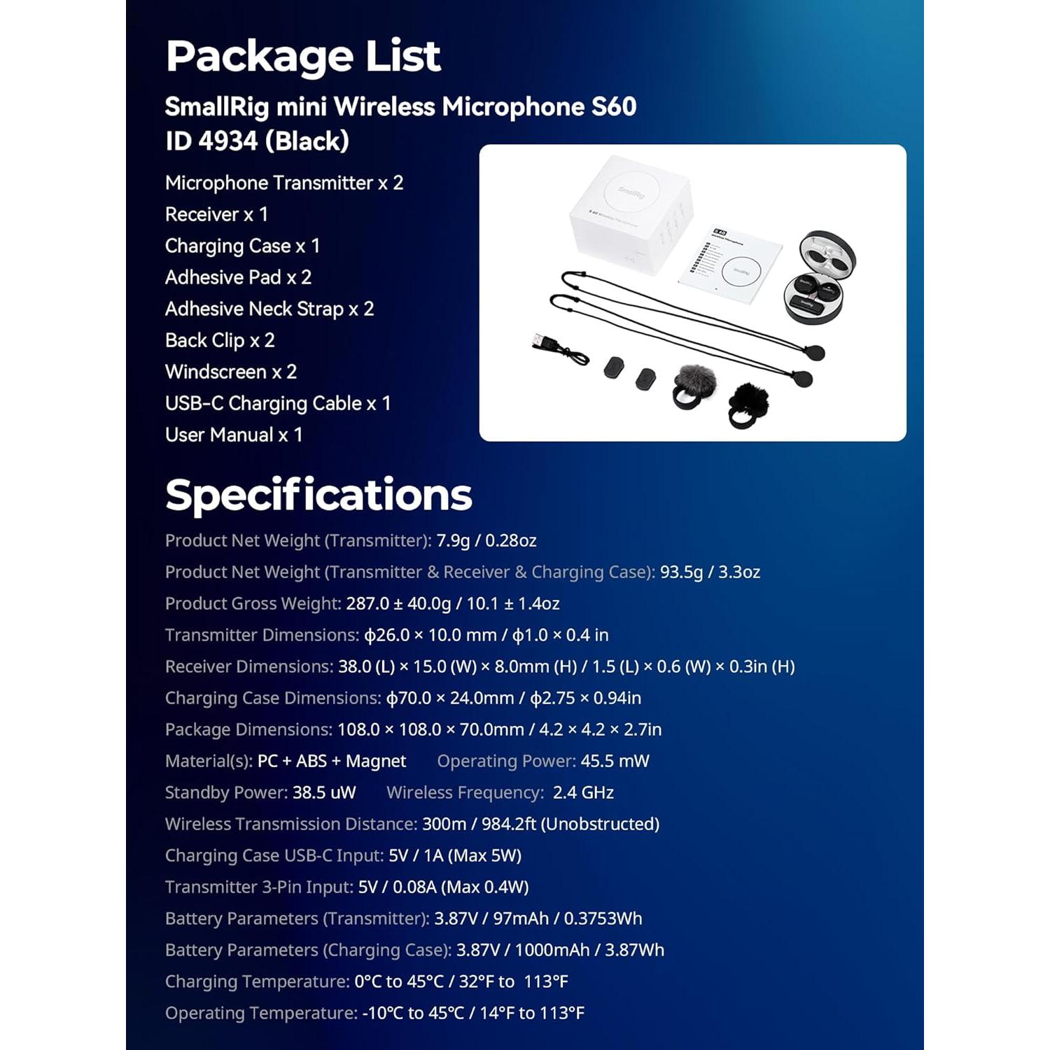 Micrófono Lavalier Inalámbrico SmallRig S60 USB-C Negro