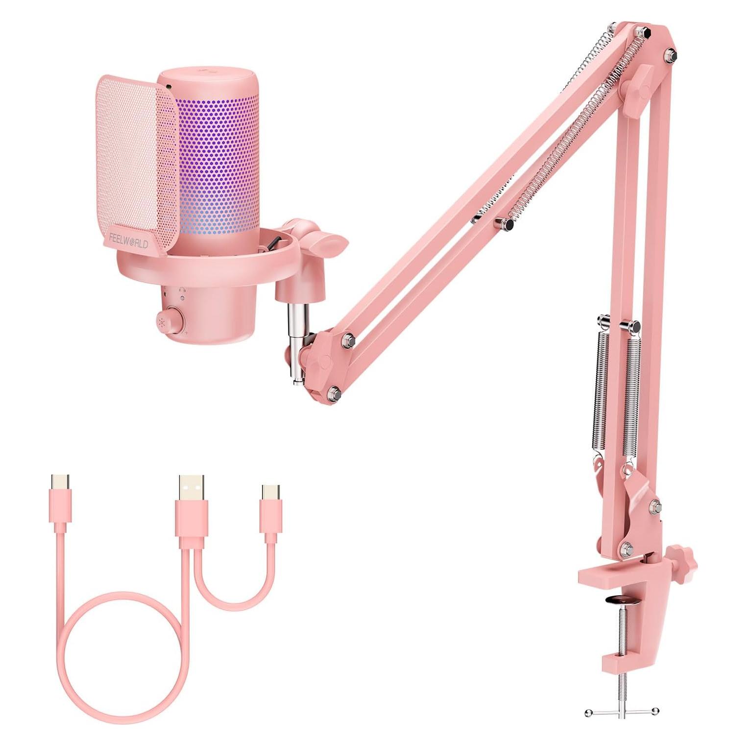 Micrófono USB de Condensador FEELWORLD VM1 Rosa con Luz RGB