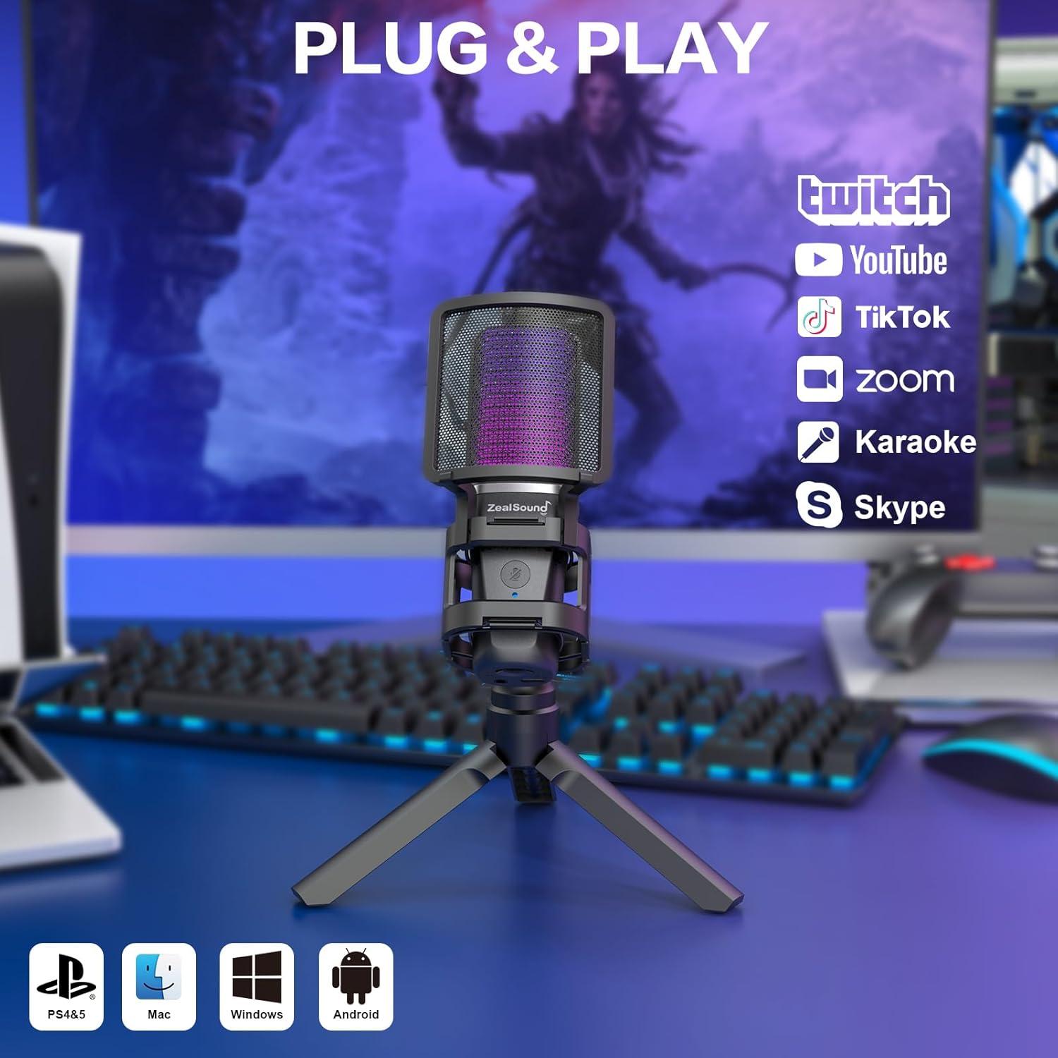 Micrófono USB RGB ZealSound BKD-11 con Filtro Pop D65k