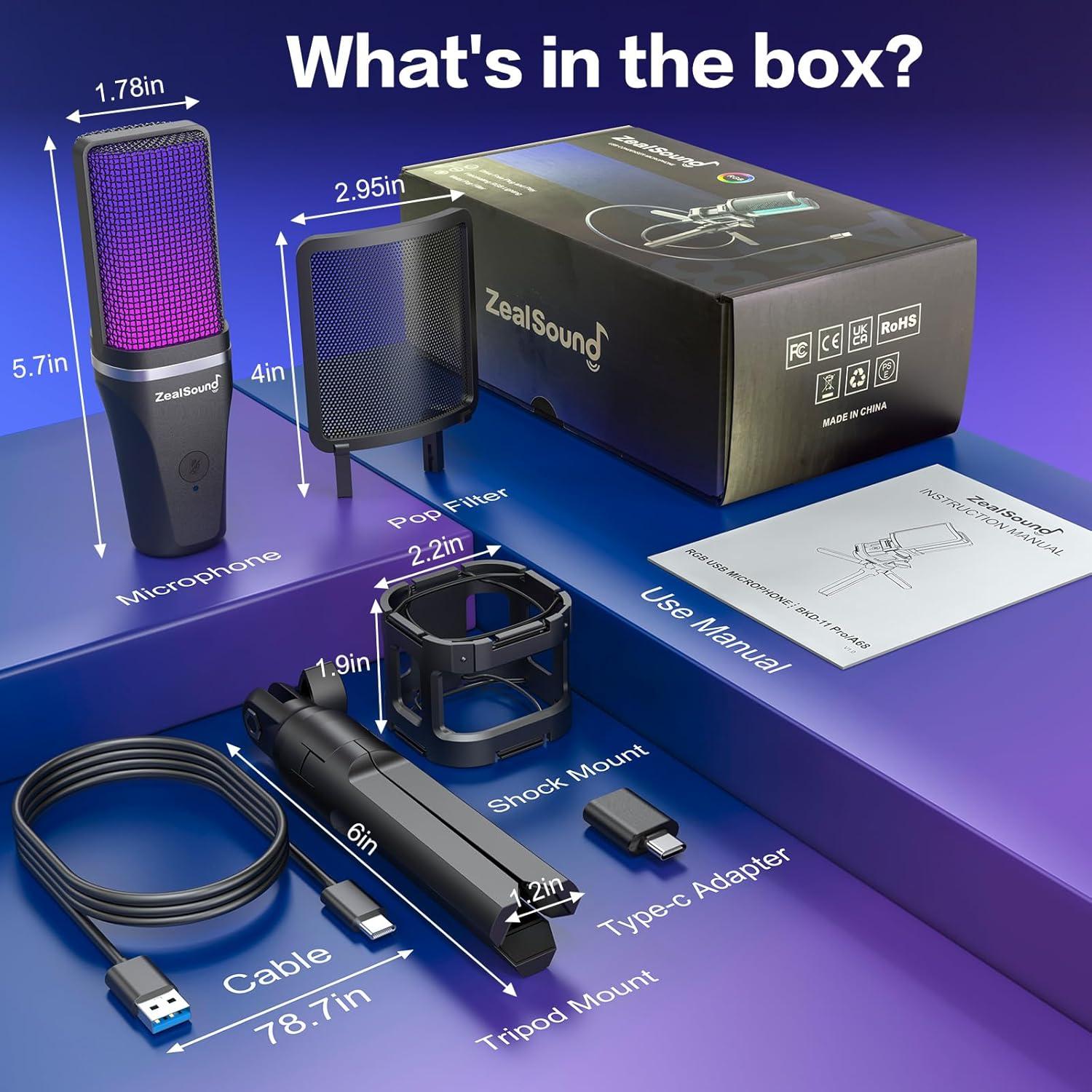 Micrófono USB RGB ZealSound BKD-11 con Filtro Pop D65k