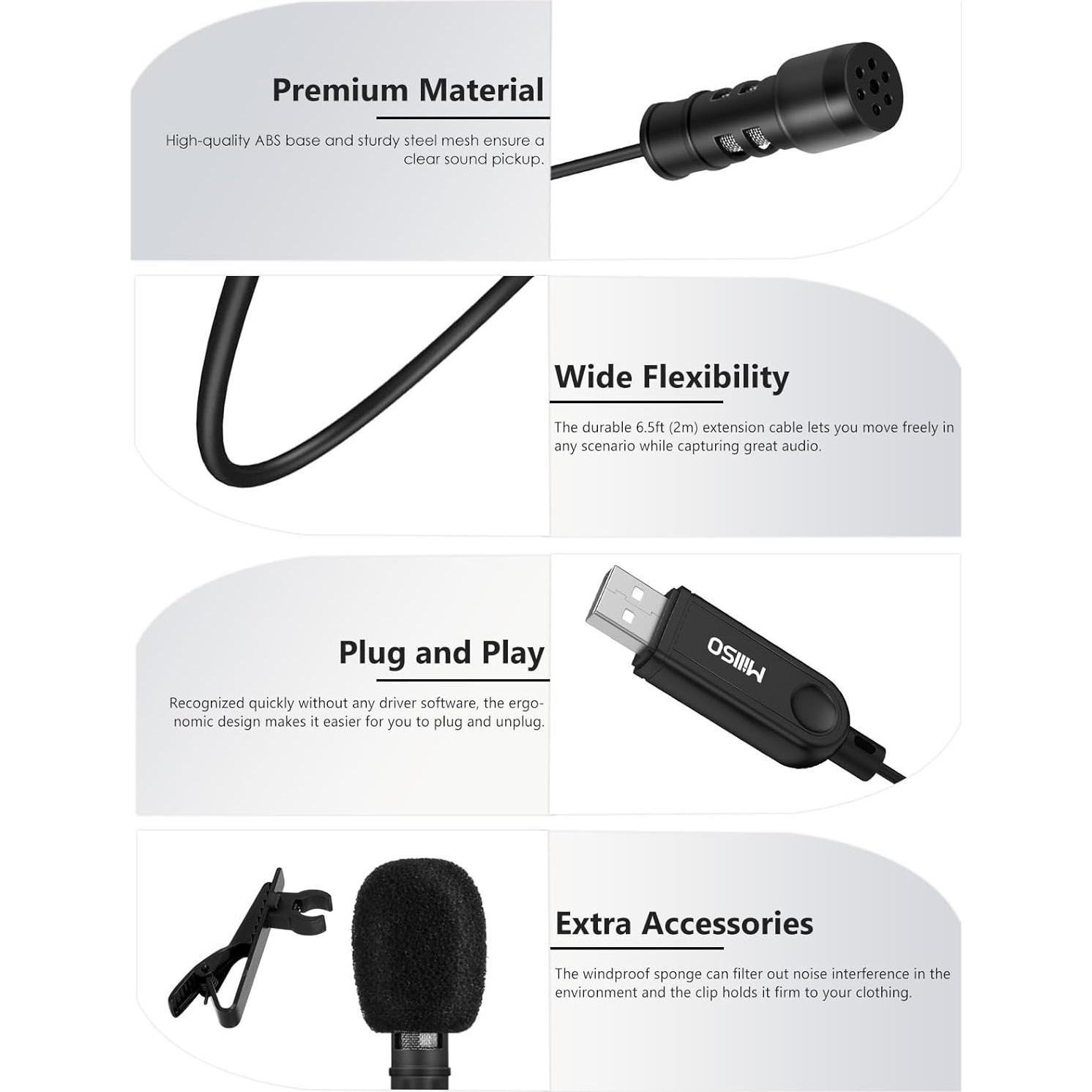 Micrófono Lavalier USB MillSO Omnidireccional 2M para Laptop