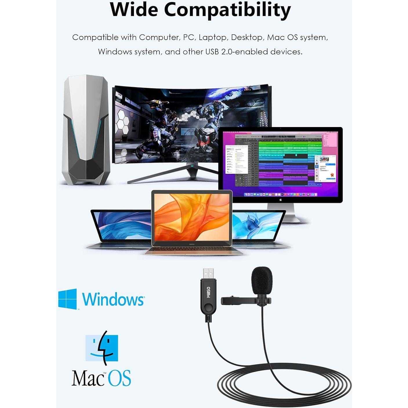 Micrófono Lavalier USB MillSO Omnidireccional 2m para PC