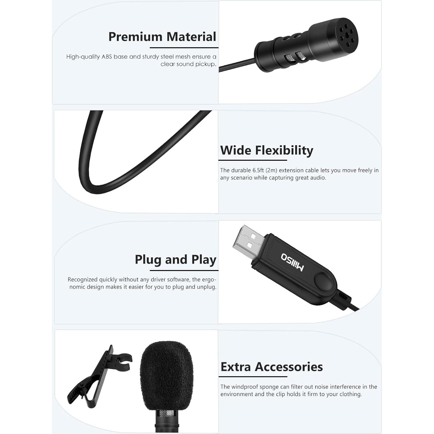 Micrófono Lavalier USB MillSO Omnidireccional 2m para PC