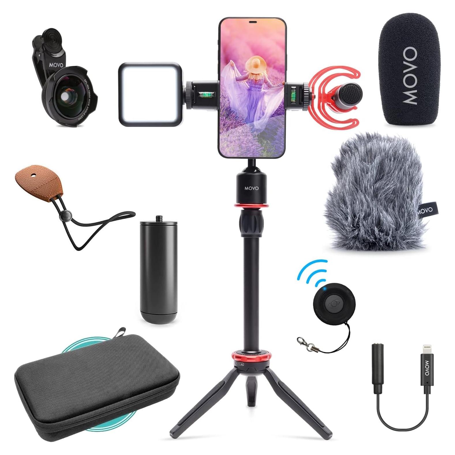 Kit de Vlogging Movo iVlog1 para iPhone - Micrófono, Luz LED, Trípode