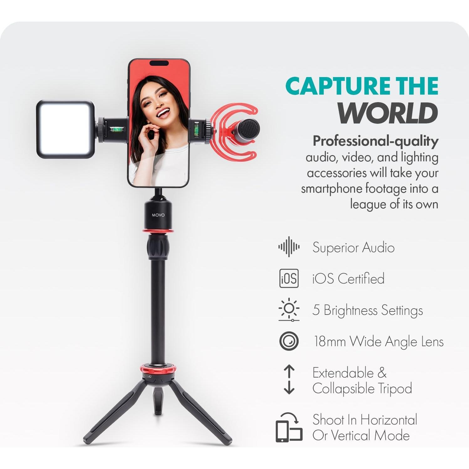 Kit de Vlogging Movo iVlog1 para iPhone - Micrófono, Luz LED, Trípode