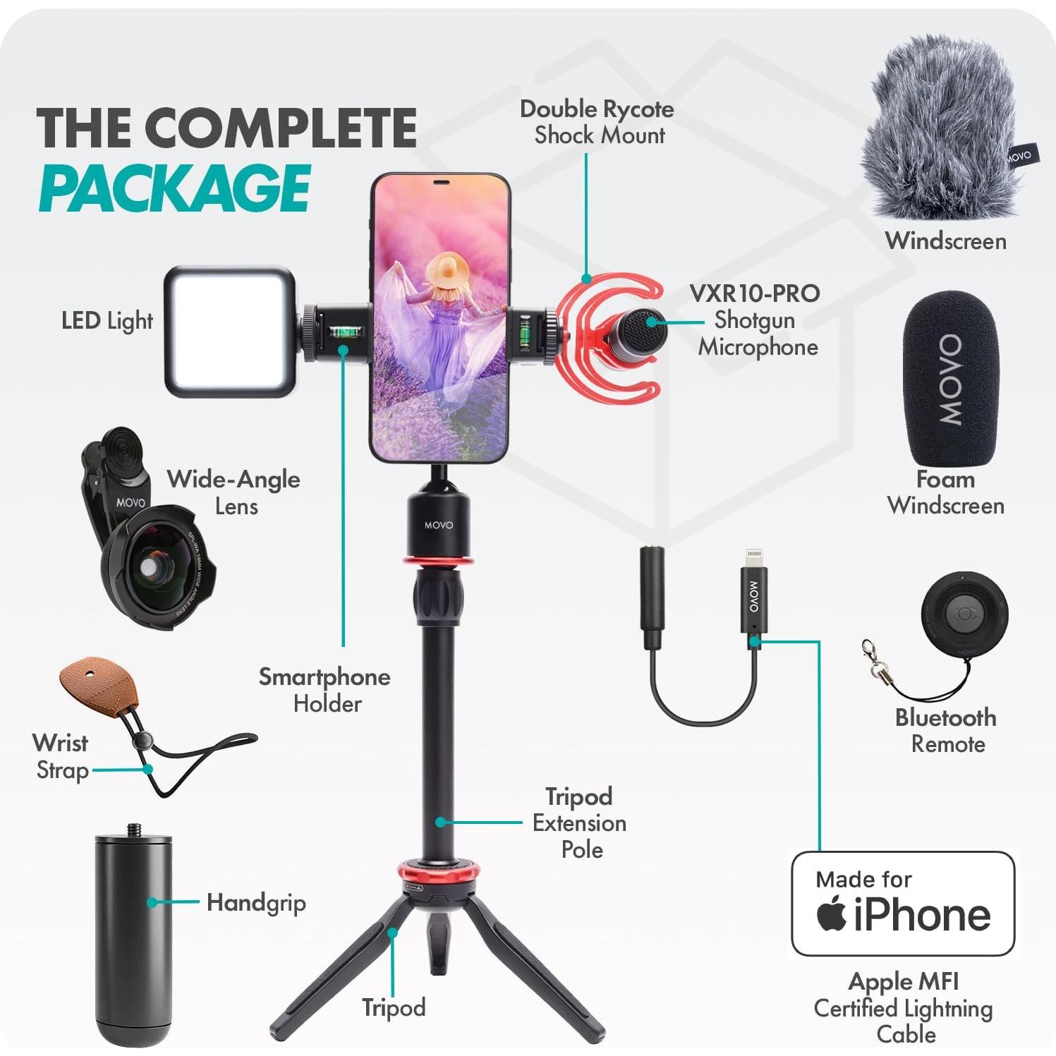 Kit de Vlogging Movo iVlog1 para iPhone - Micrófono, Luz LED, Trípode