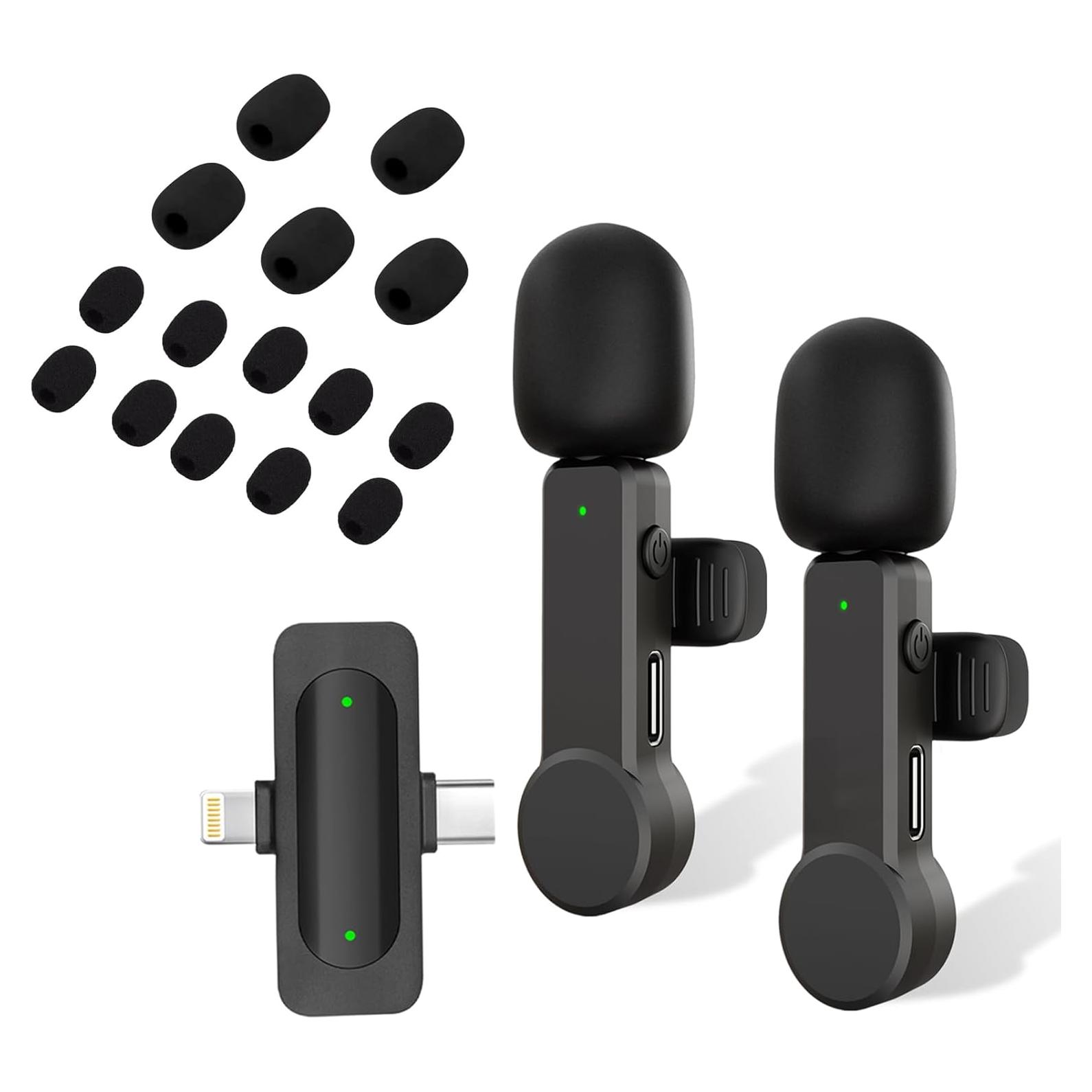 Paquete de 2 Micrófonos Lavalier Inalámbricos Mini para iPhone y Android