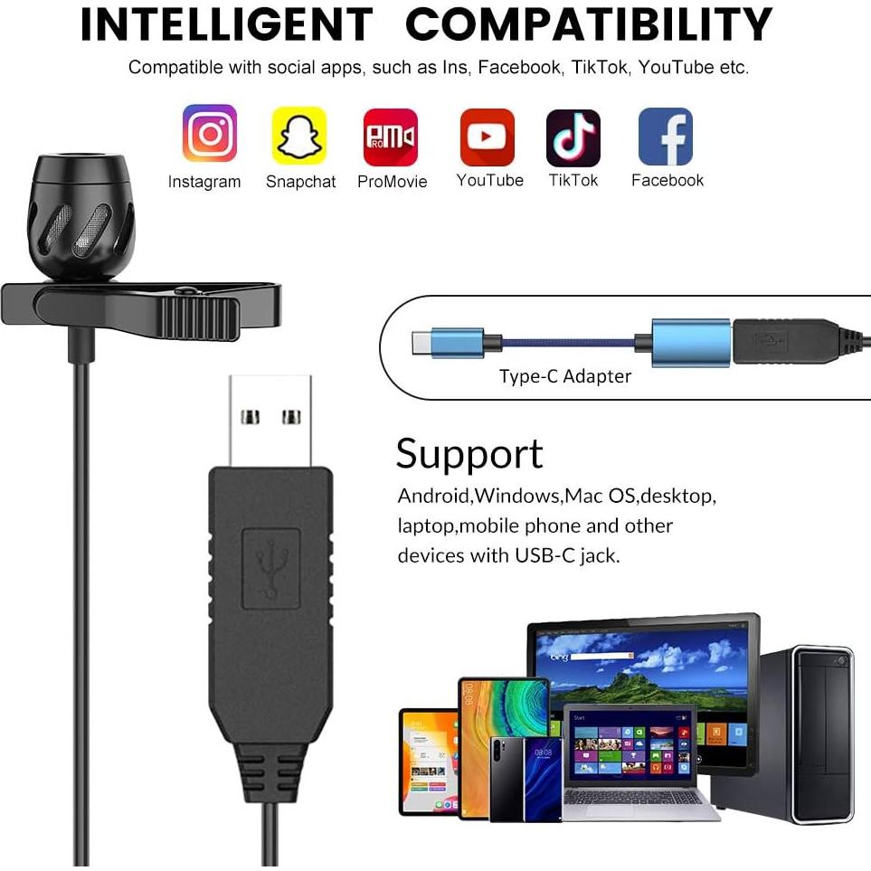 Micrófono Lavalier USB KMAG 2.5m Omnidireccional para PC