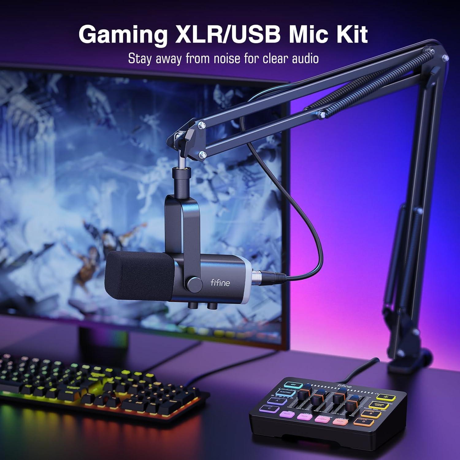 Kit de Streaming Gaming FIFINE con Micrófono XLR y Mezclador RGB