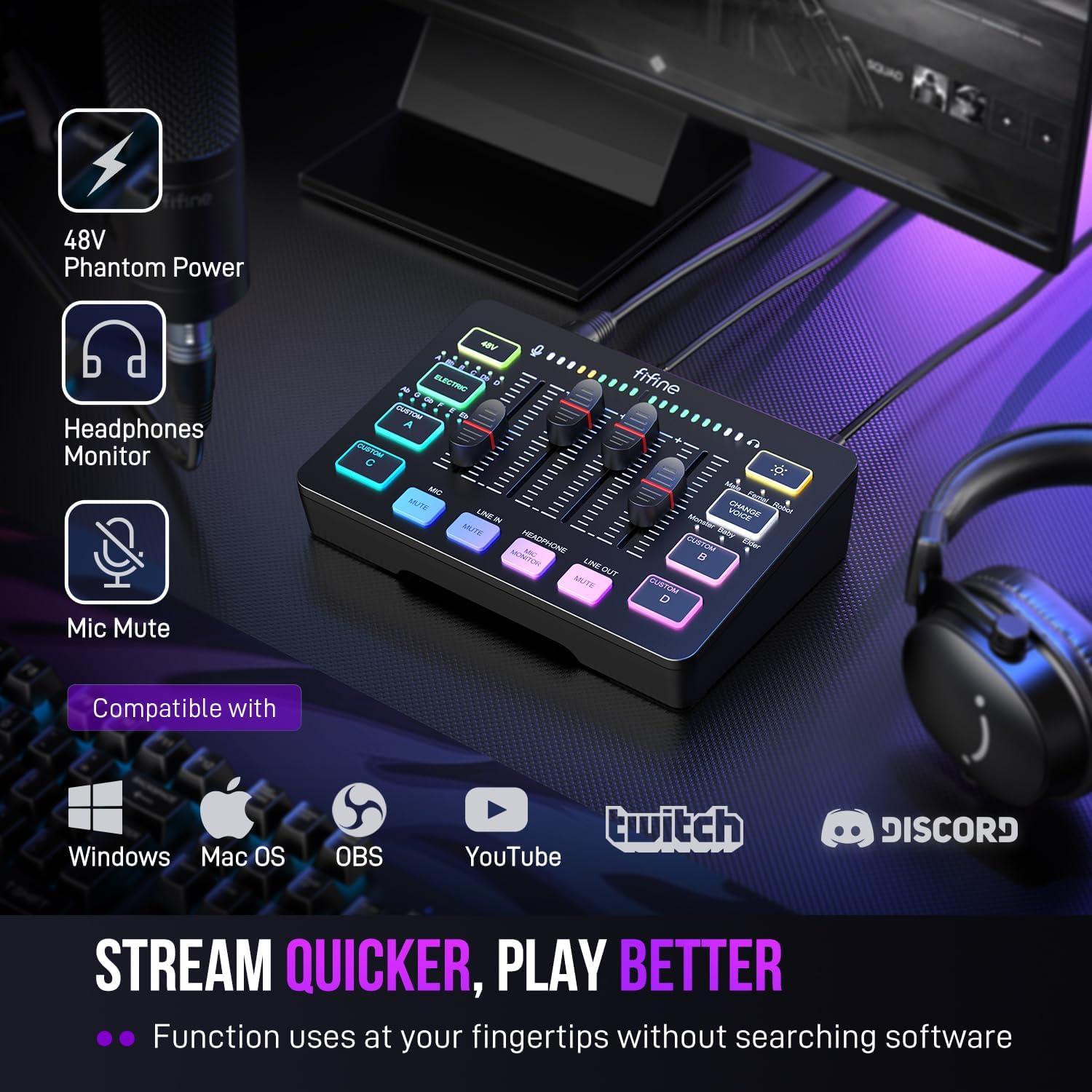 Kit de Streaming Gaming FIFINE con Micrófono XLR y Mezclador RGB