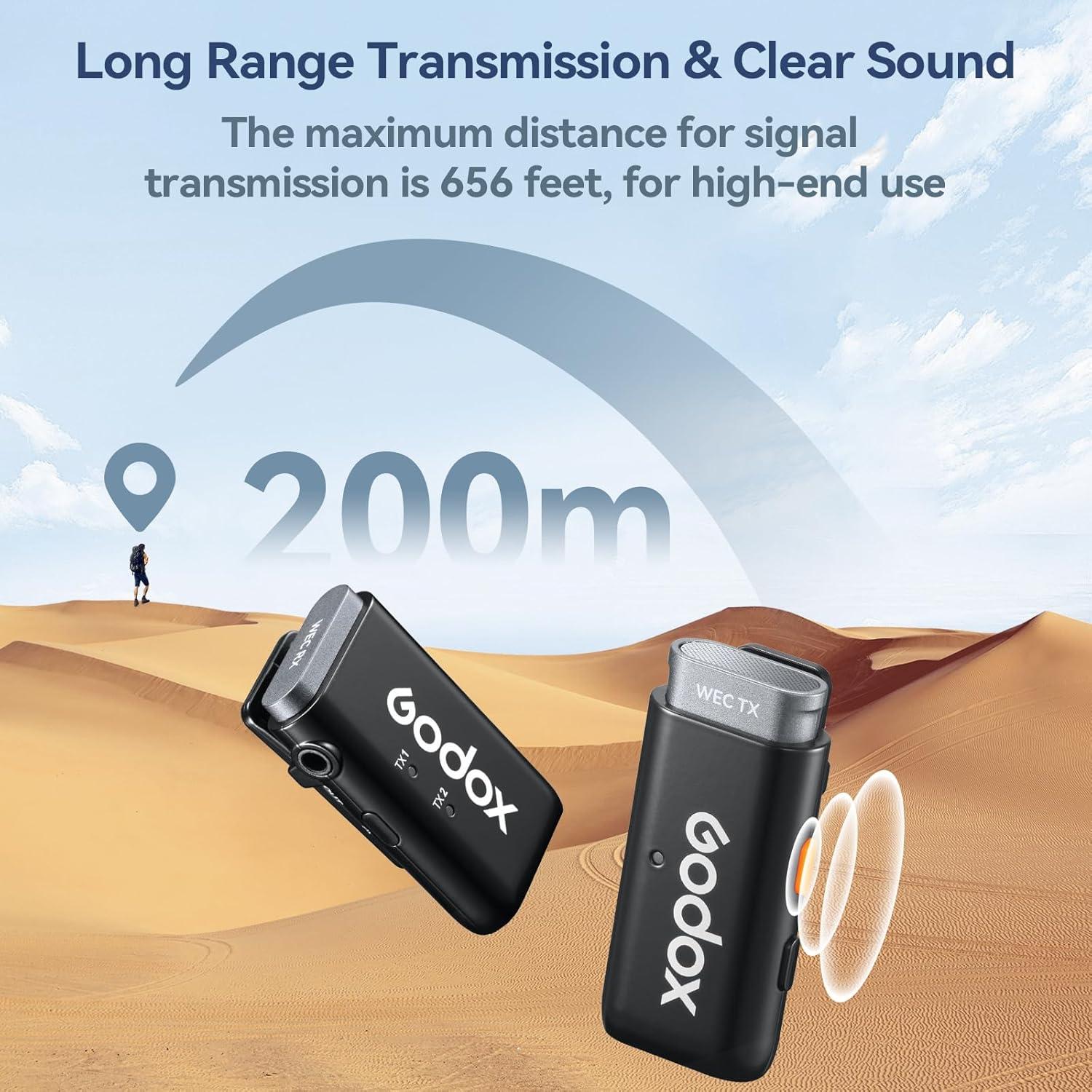 Micrófono Lavalier Inalámbrico GODOX WEC-Kit2 200m con Estuche