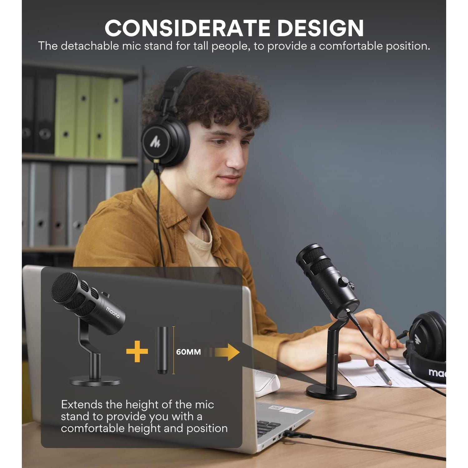 Micrófono Dinámico USB MAONO PD100U con Auriculares MH601