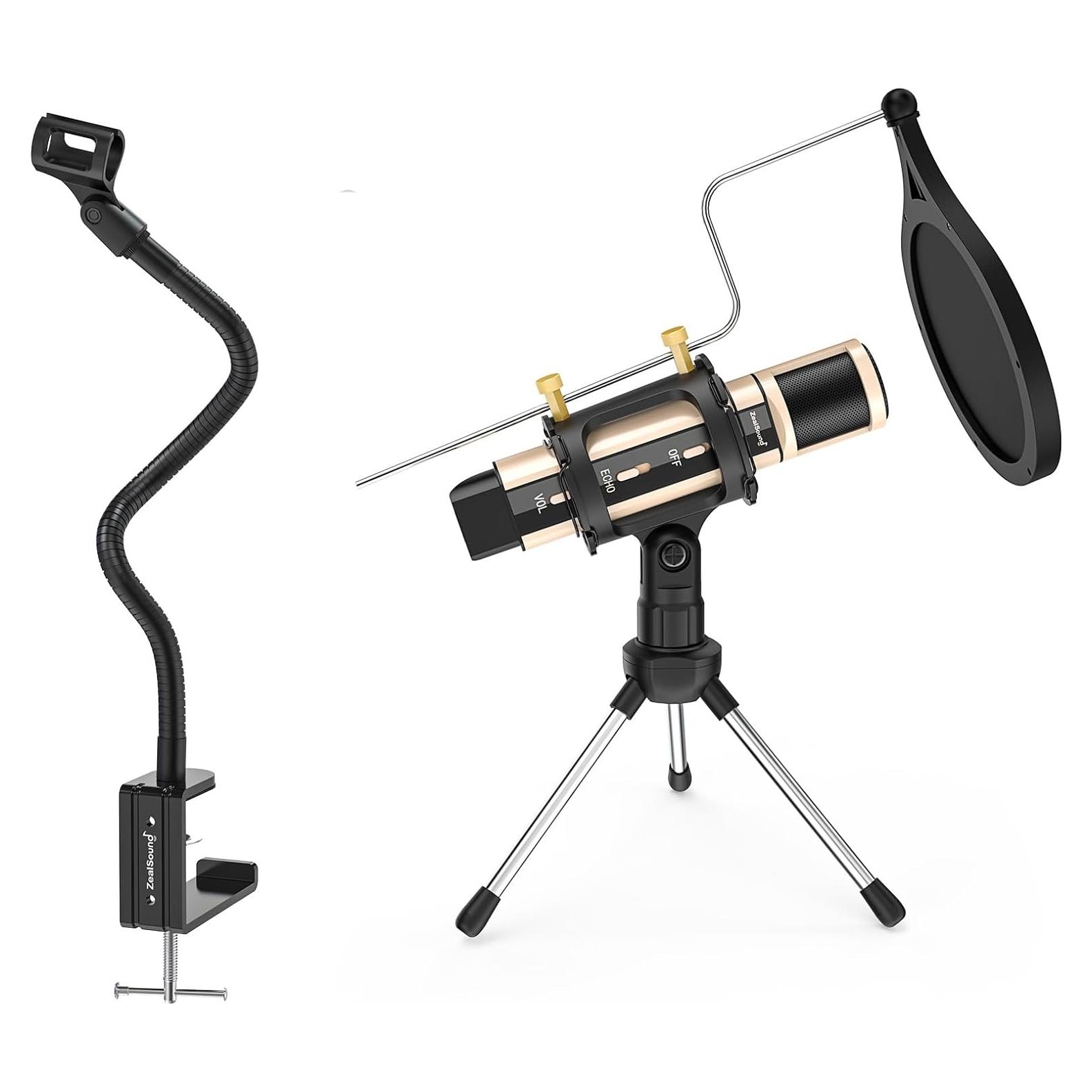 Micrófono USB ZealSound K08G Oro con Soporte Brazo Flexible