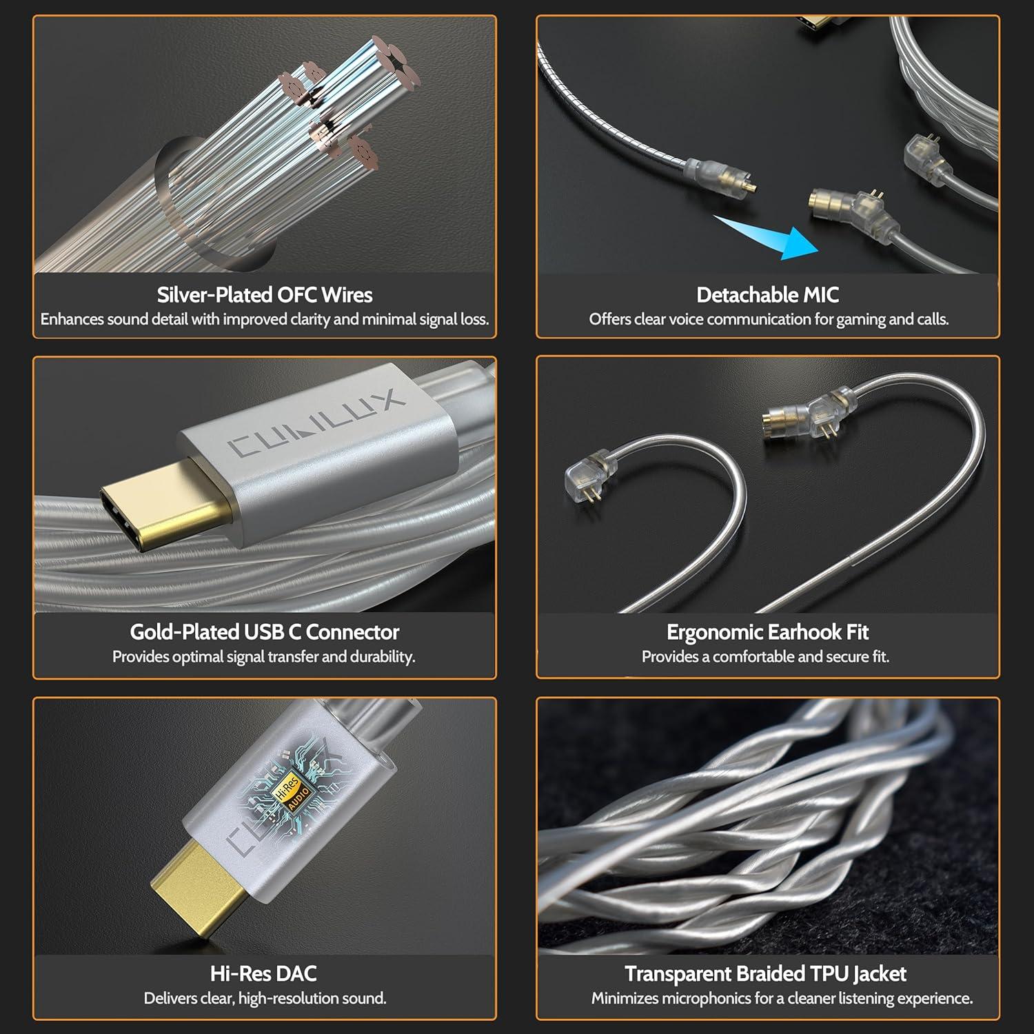 Cable USB Tipo C Cubilux IEM 2 Pines 0.78mm con Micrófono