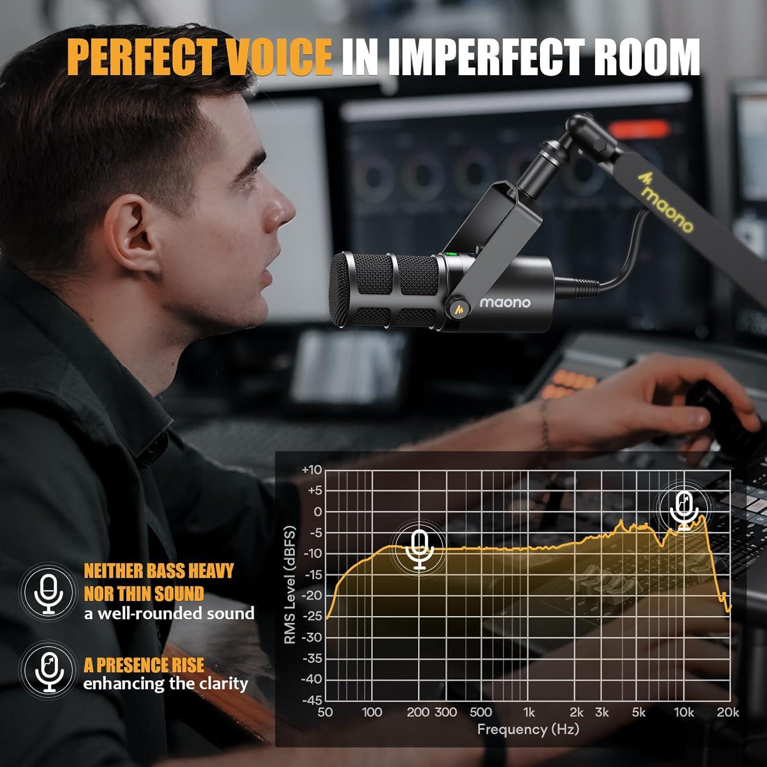 Micrófono Dinámico MAONO PD400X con Brazo BA92 para Podcast
