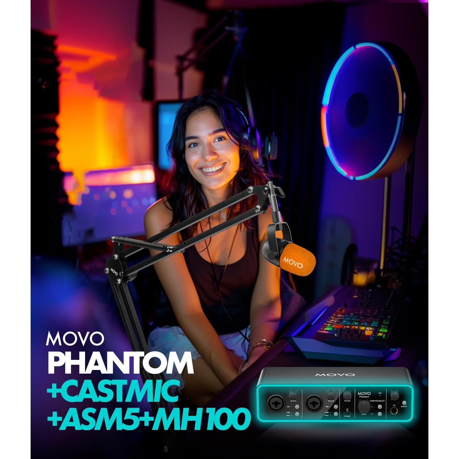 Paquete de Podcasting Movo - Interfaz USB Phantom, 2 Micrófonos XLR, Soportes y Auriculares