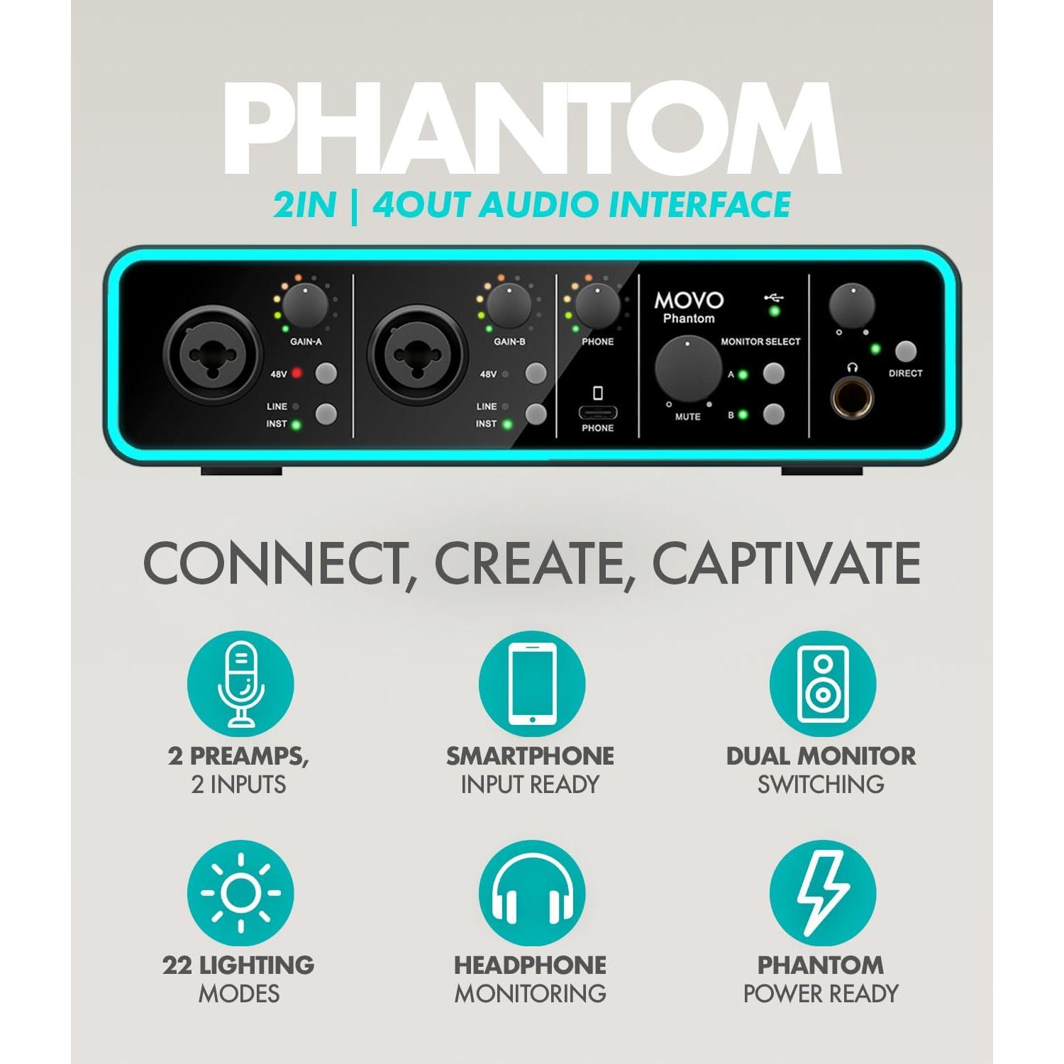 Paquete de Podcasting Movo - Interfaz USB Phantom, 2 Micrófonos XLR, Soportes y Auriculares