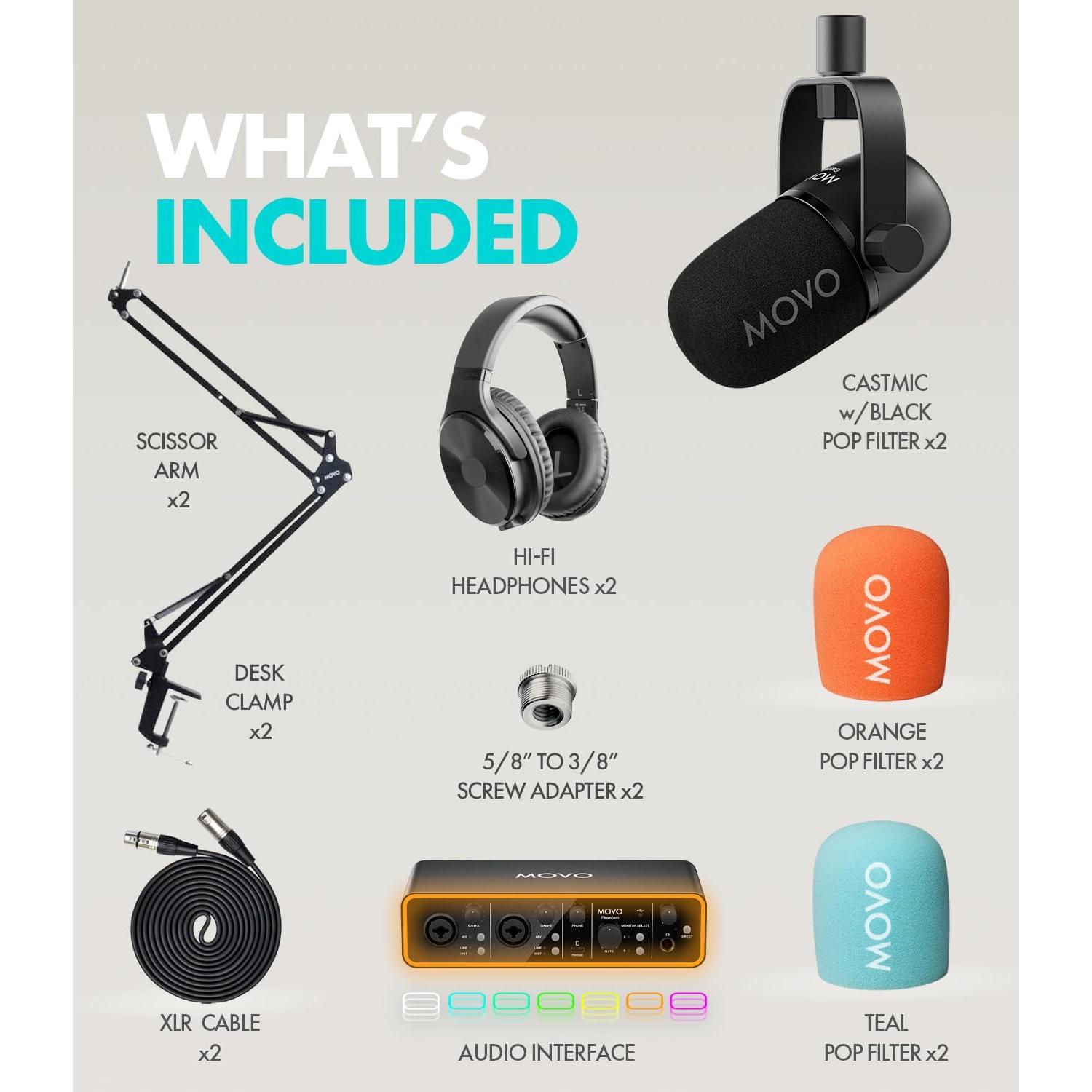 Paquete de Podcasting Movo - Interfaz USB Phantom, 2 Micrófonos XLR, Soportes y Auriculares