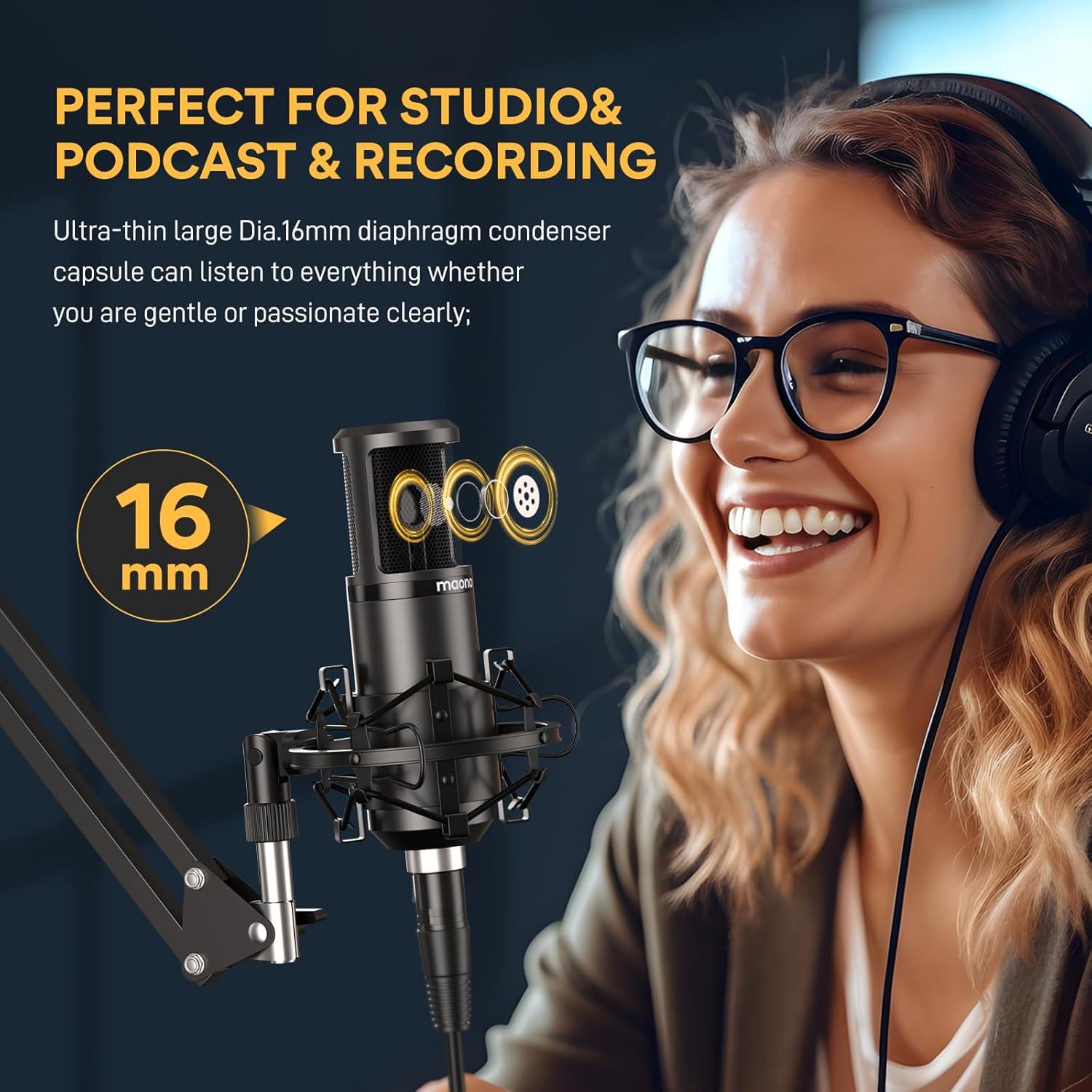 MAONO XLR Condenser Microphone, Professional Cardioid Studio Recording Mic with 50MM Drivers Studio Headphones AU-MH601for Streaming, Podcasting, Singing, Voice-Over, Vocal, Home-Studio, YouTube, Skyp