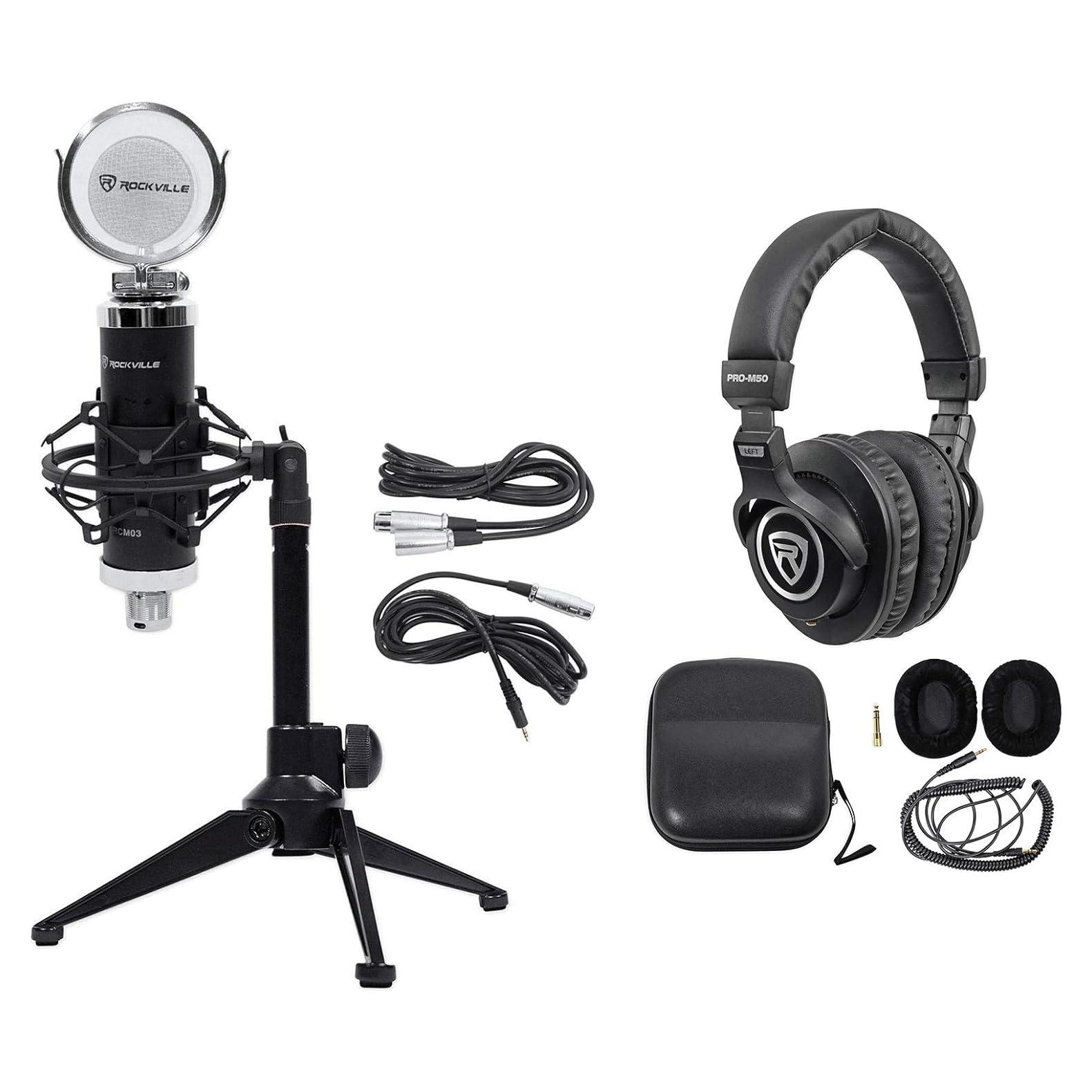 Paquete Micrófono Rockville RCM03 + Soporte + Auriculares PRO-M50