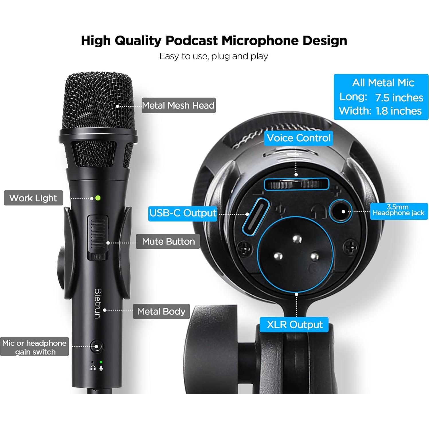 Micrófono Dinámico XLR/USB BietrunPro para Grabación Profesional