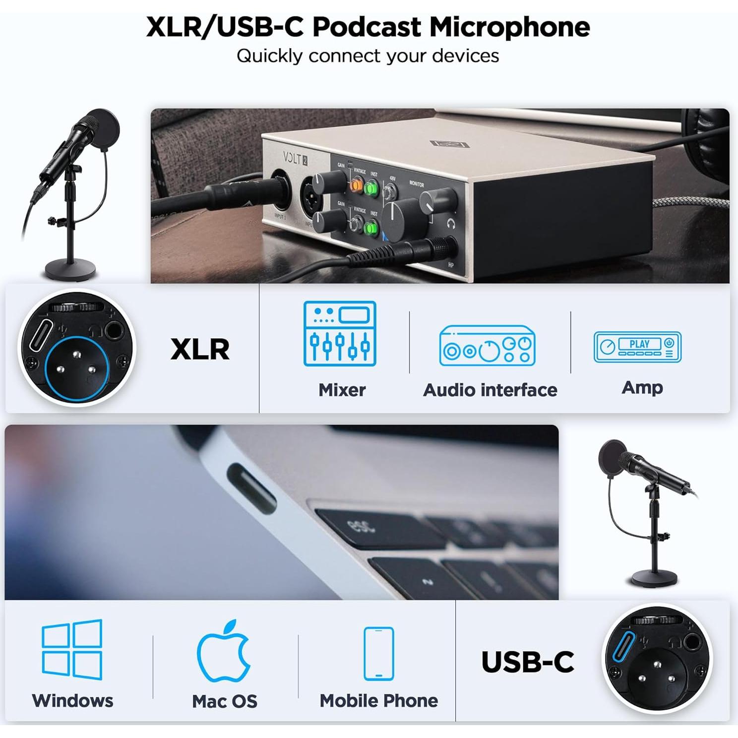 Micrófono Dinámico XLR/USB BietrunPro para Grabación Profesional