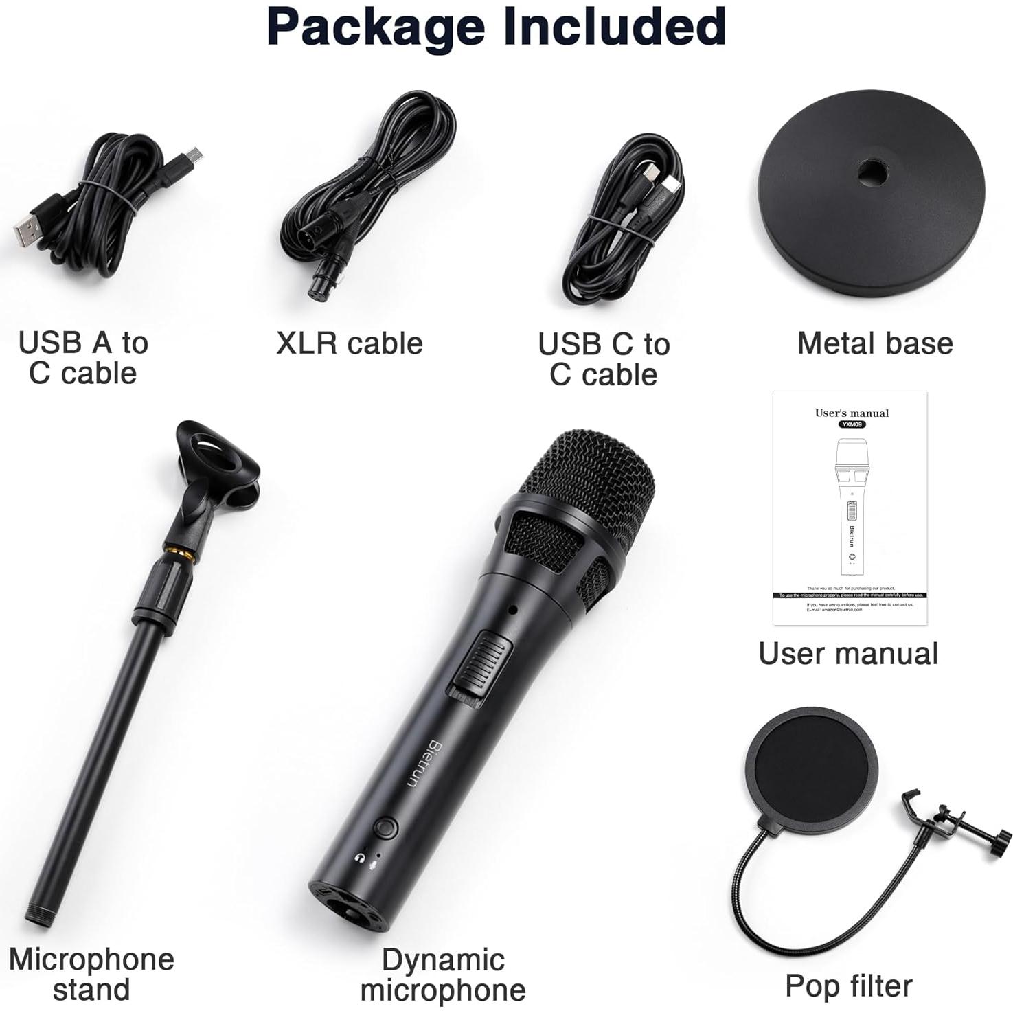 Micrófono Dinámico XLR/USB BietrunPro para Grabación Profesional