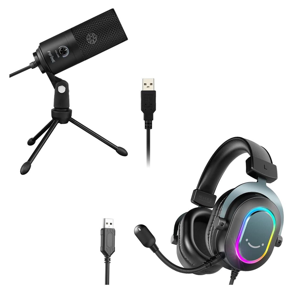 Micrófono FIFINE K669B y Auriculares USB RGB para Juegos