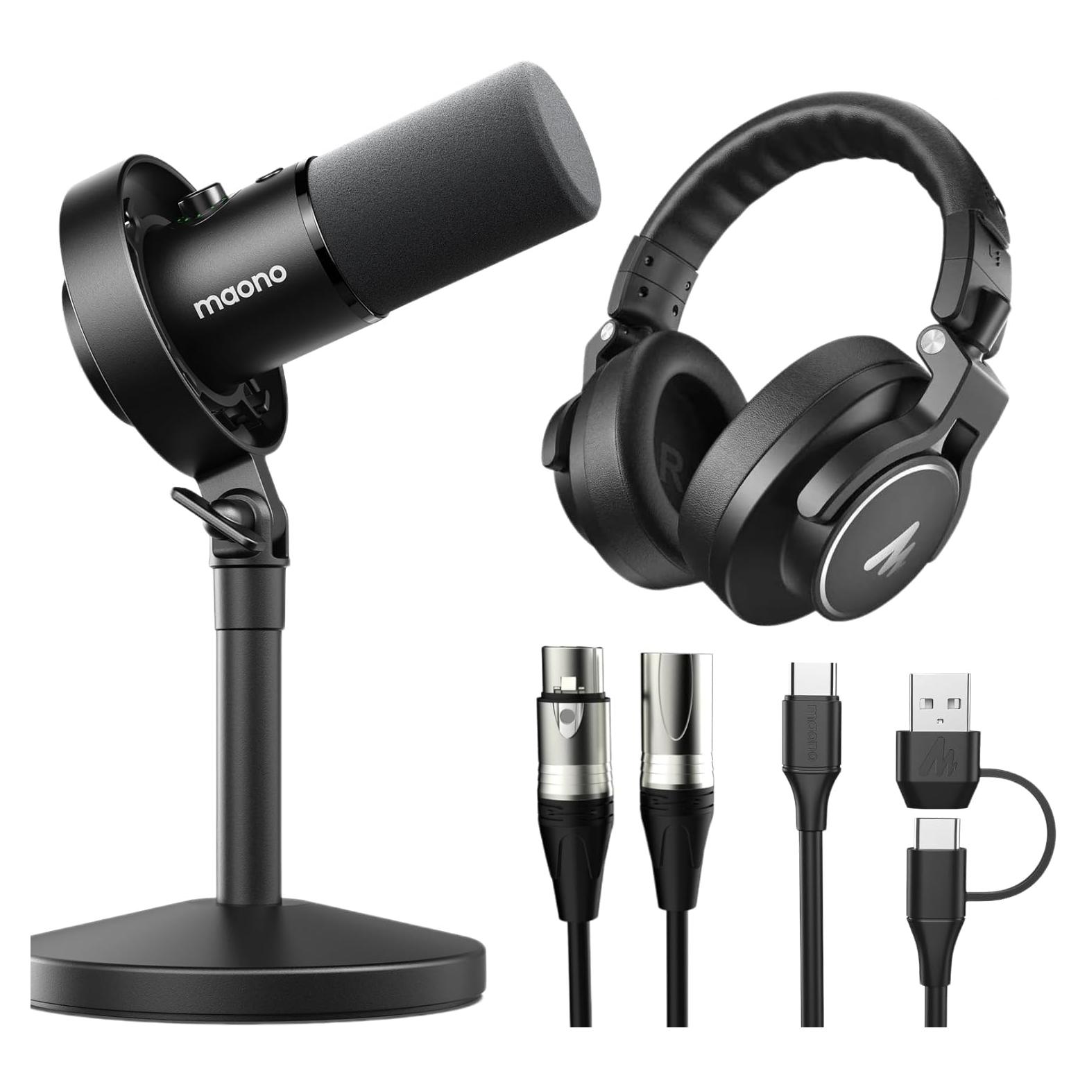 USB XLR Dynamic Microphone Studio Headphone Bundle,for Studio Recording Streaming Content Creation(PD300XT+MH700+XLR-180)