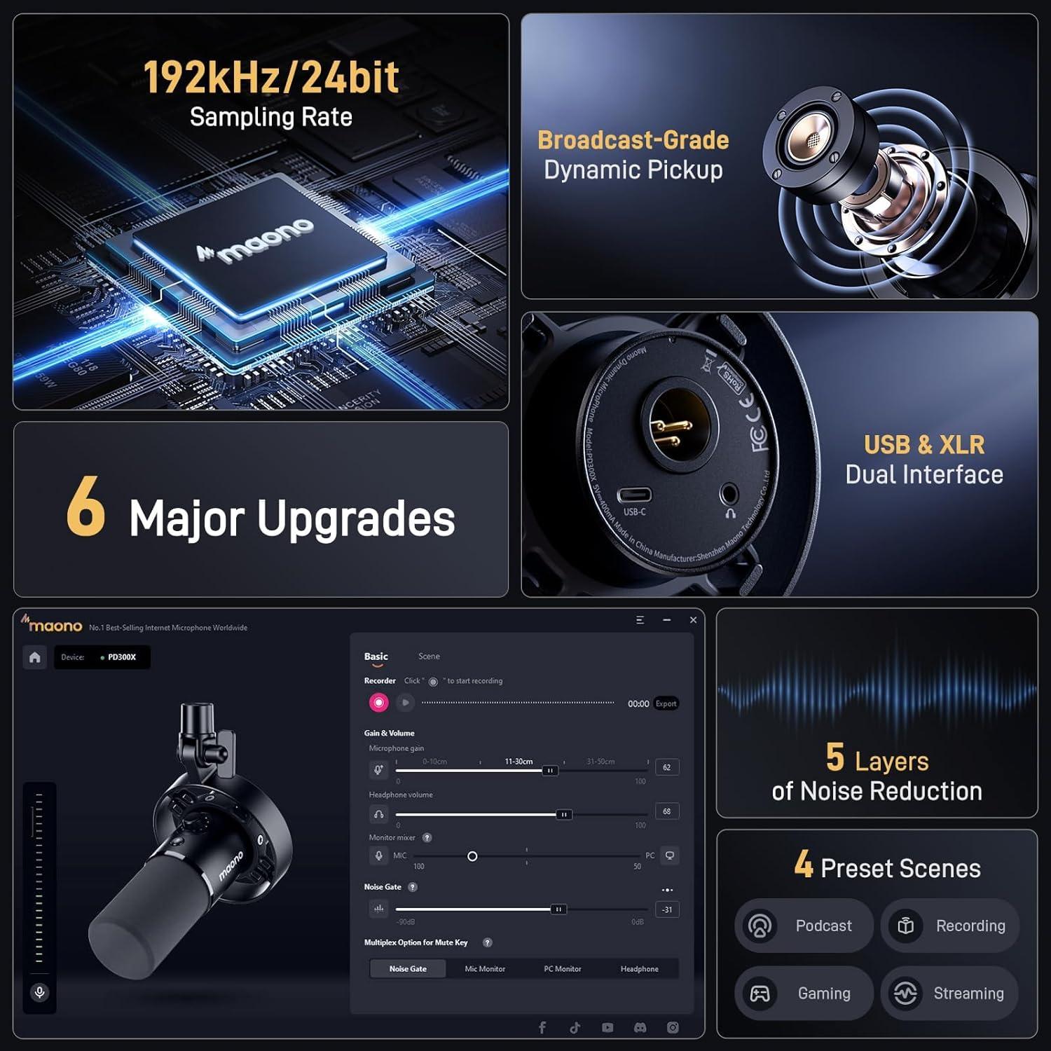 USB XLR Dynamic Microphone Studio Headphone Bundle,for Studio Recording Streaming Content Creation(PD300XT+MH700+XLR-180)