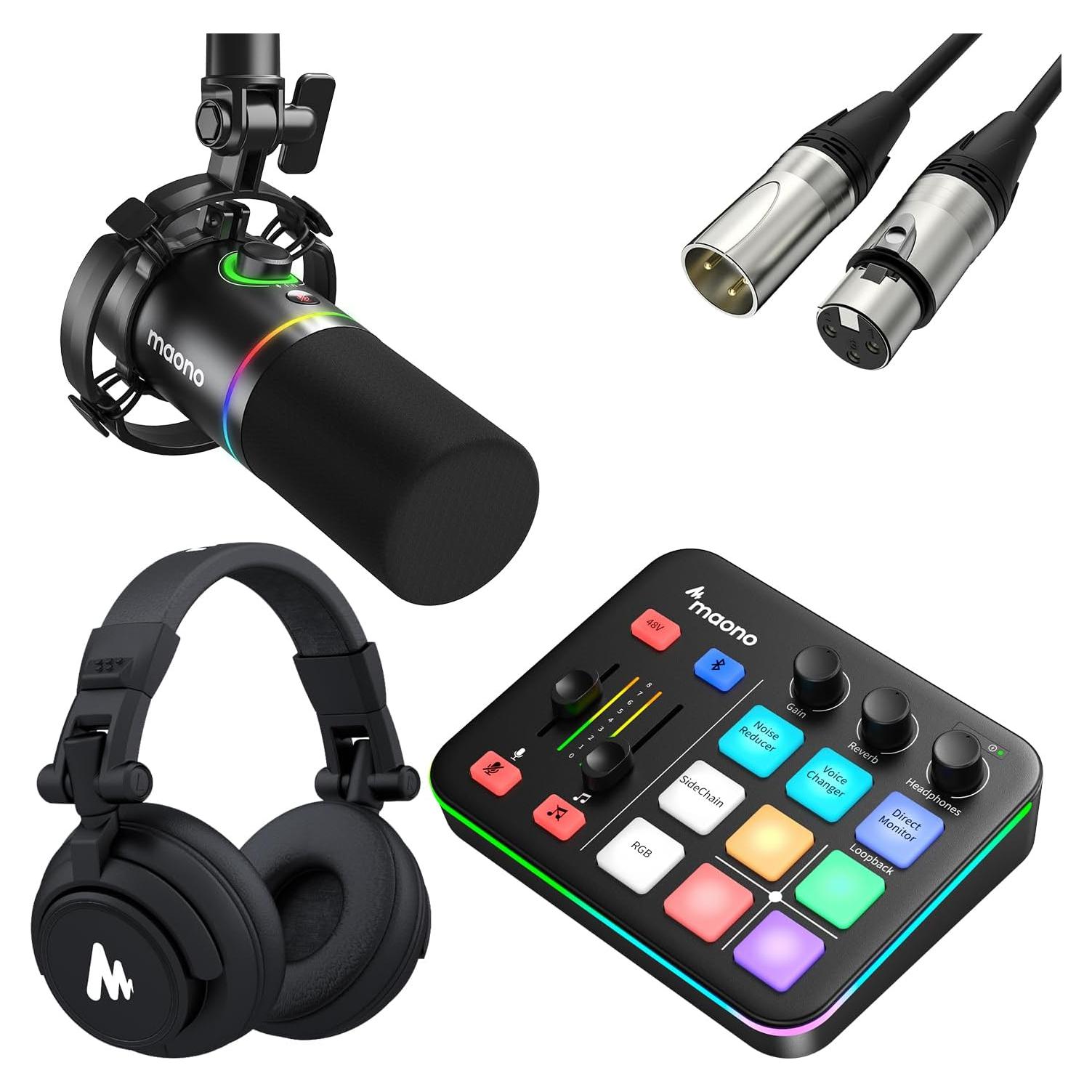Micrófono Dinámico MAONO XLR/USB con Kit de Mezclador y Auriculares