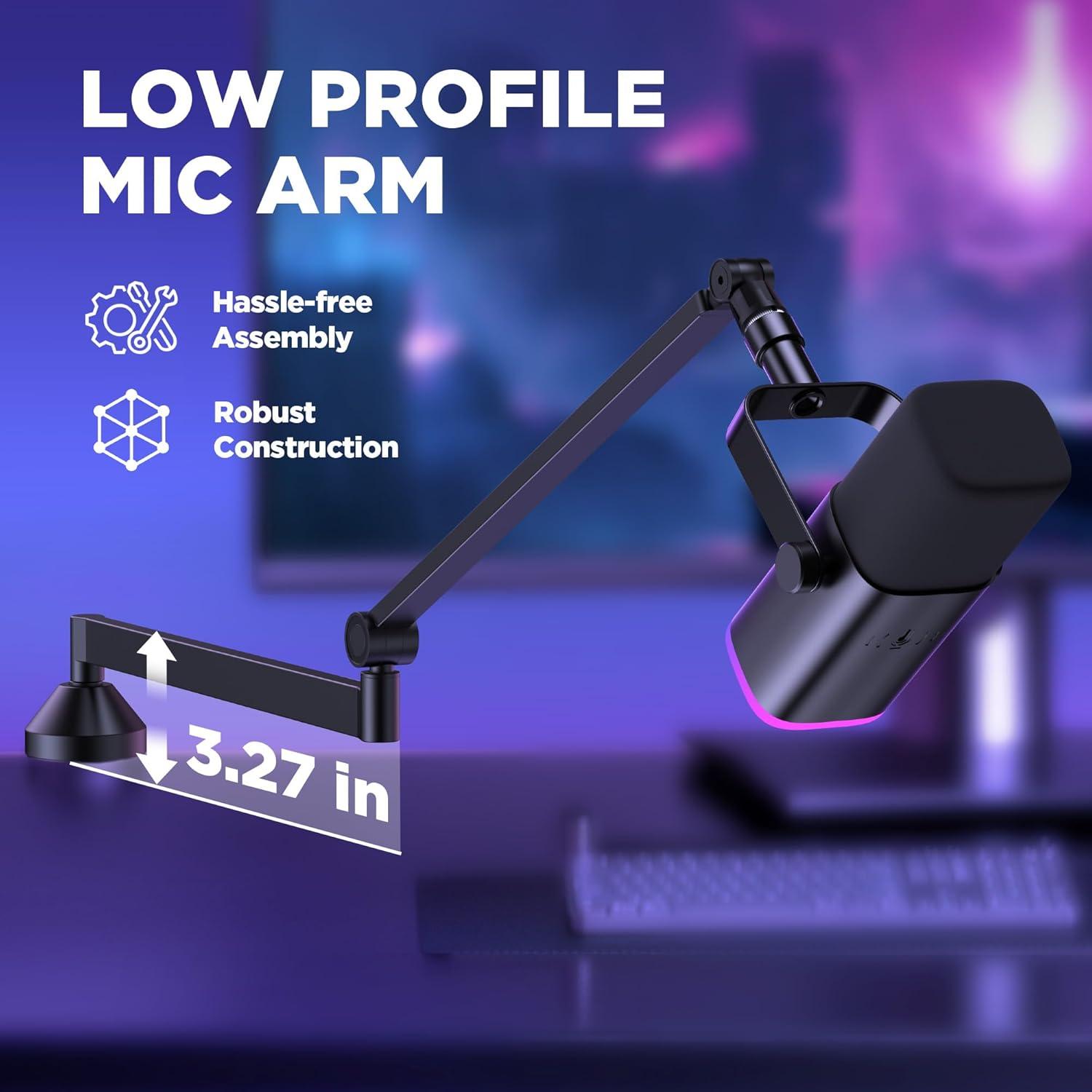 Low Profile Mic Arm, 360° Rotatable Microphone Arm Stand Foldable Desk Mic Boom Arm with 3/8" to 5/8" Adapter for Fifine AM8 K669B Blue Yeti HyperX QuadCast SoloCast AT2020 and Other Mics
