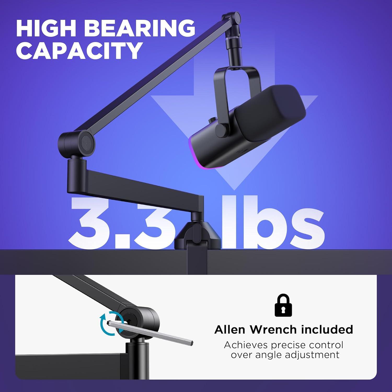 Low Profile Mic Arm, 360° Rotatable Microphone Arm Stand Foldable Desk Mic Boom Arm with 3/8" to 5/8" Adapter for Fifine AM8 K669B Blue Yeti HyperX QuadCast SoloCast AT2020 and Other Mics