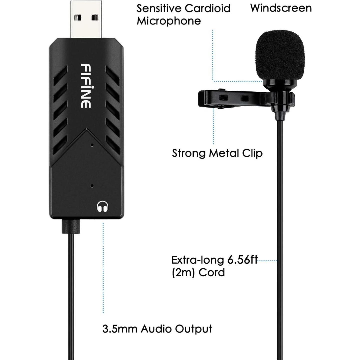 Micrófono Lavalier USB Fifine K053 Cardioide 2m para PC y Mac