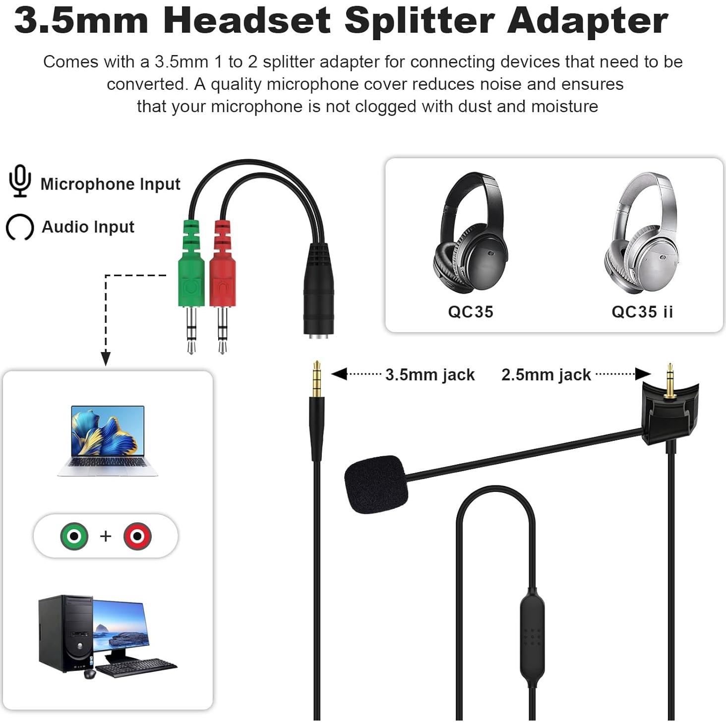 Cable de Audio con Micrófono Boom Desmontable Toeasor para Bose QC35
