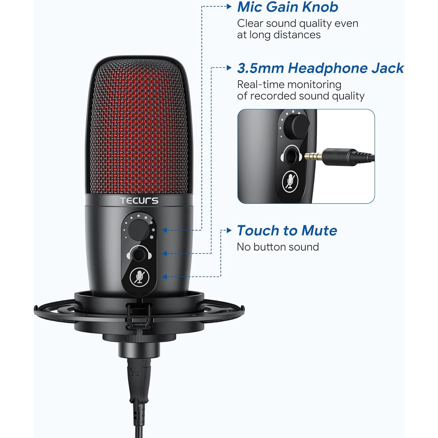 Micrófono USB TECURS MR02 con Brazo Ajustable y Filtro Pop