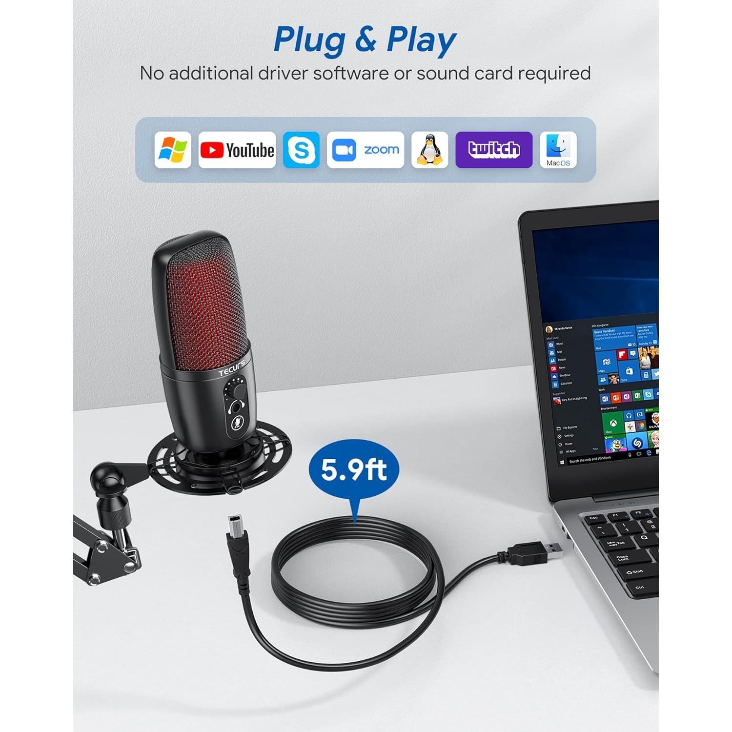 Micrófono USB TECURS MR02 con Brazo Ajustable y Filtro Pop