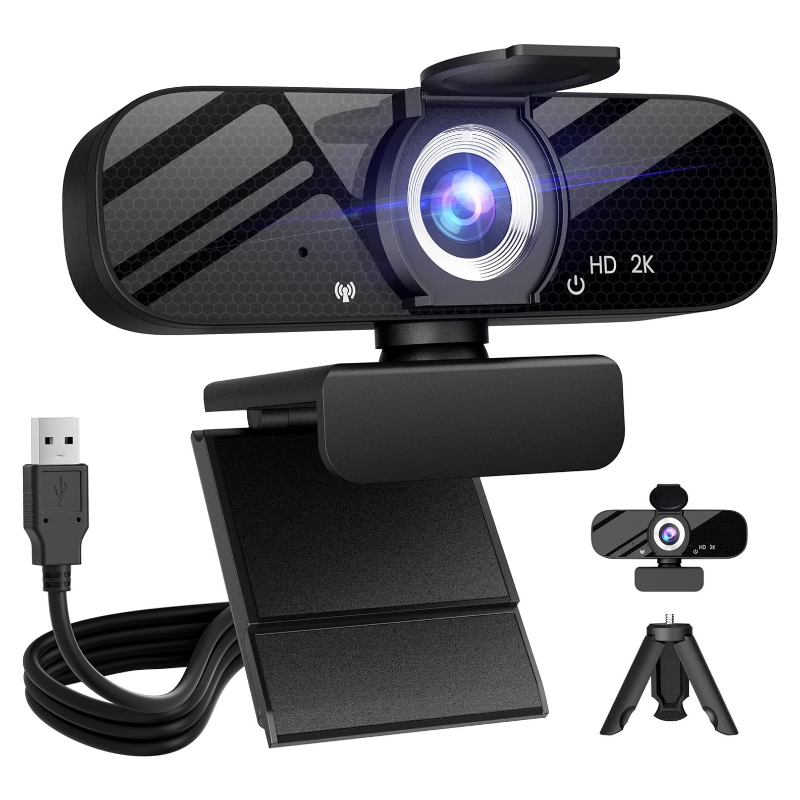 Full HD Webcam with Built-in Microphone and Rotatable Tripod, 2K Video and Wide Angle Camera, Privacy Cover, for Desktop PC or Laptop Computer